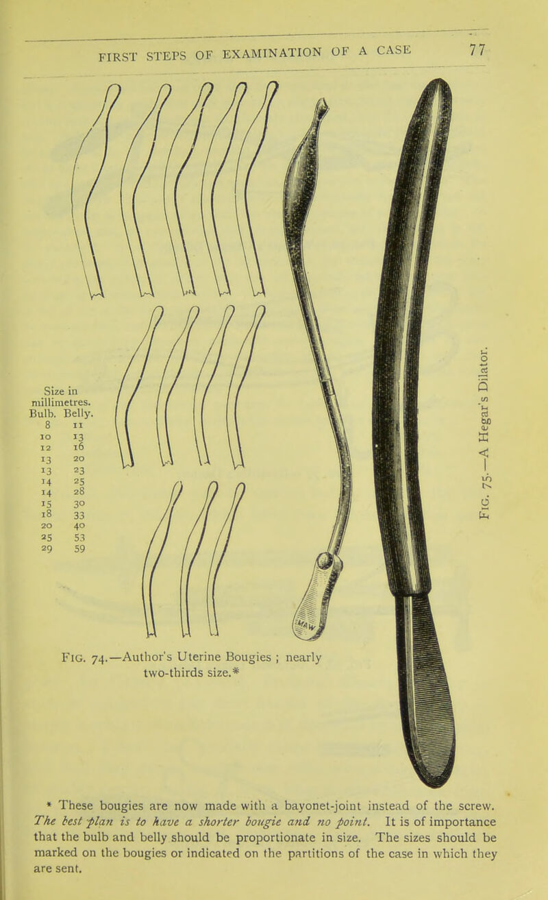 * These bougies are now made with a bayonet-joint instead of the screw. The best plan is to have a shorter bougie and no point. It is of importance that the bulb and belly should be proportionate in size. The sizes sbould be marked on the bougies or indicated on the partitions of the case in which they are sent.