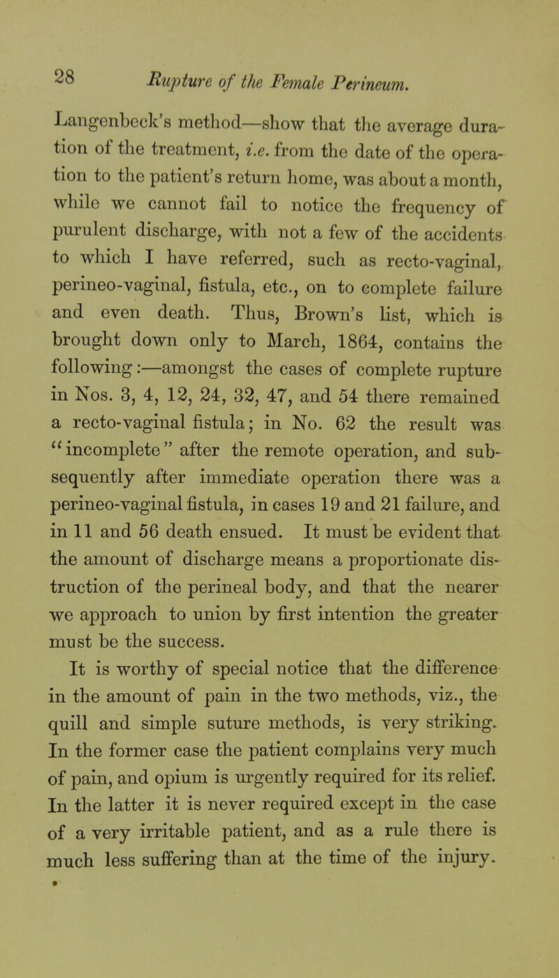 Langenbeck's method—show that the average dura- tion of the treatment, i.e. from the date of the opera- tion to the patient's return home, was about a month, while we cannot fail to notice the frequency of purulent discharge, with not a few of the accidents to which I have referred, such as recto-vaginal, perineo-vaginal, fistula, etc., on to complete failure and even death. Thus, Brown's list, which is brought down only to March, 1864, contains the following:—amongst the cases of complete rupture in Nos. 3, 4, 12, 24, 32, 47, and 54 there remained a recto-vaginal fistula; in No. 62 the result was  incomplete after the remote operation, and sub- sequently after immediate operation there was a perineo-vaginal fistula, in cases 19 and 21 failure, and in 11 and 56 death ensued. It must be evident that the amount of discharge means a proportionate dis- truction of the perineal body, and that the nearer we approach to union by first intention the greater must be the success. It is worthy of special notice that the difference in the amount of pain in the two methods, viz., the quill and simple suture methods, is very striking. In the former case the patient complains very much of pain, and opium is urgently required for its relief. In the latter it is never required except in the case of a very irritable patient, and as a rule there is much less suffering than at the time of the injury.