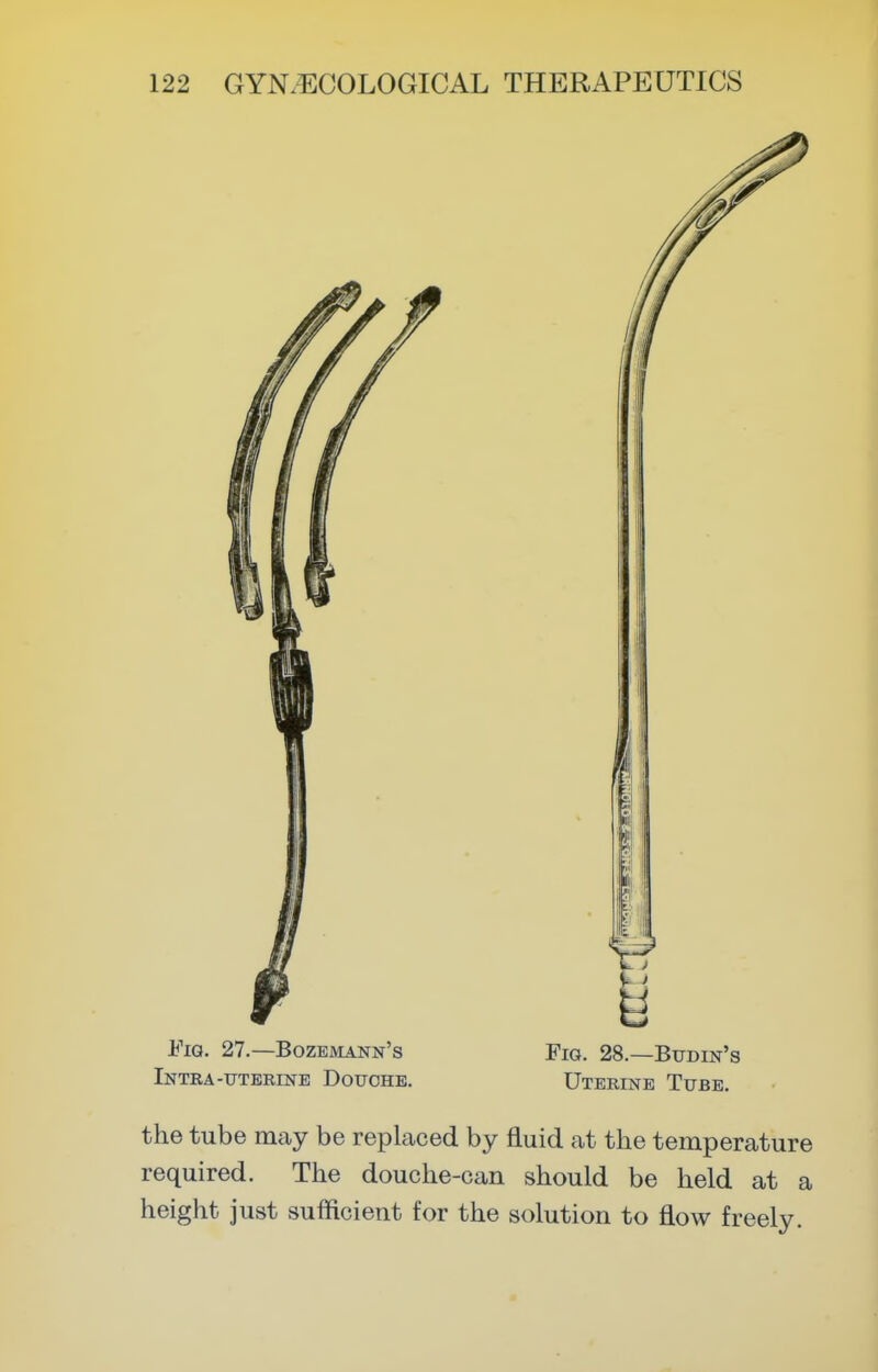 FiQ. 27.—Bozemann's Fig. 28.—Budin's Intra-UTERINE Douche. Uterine Tube. the tube may be replaced by fluid at the temperature required. The douche-can should be held at a height just sufficient for the solution to flow freely.