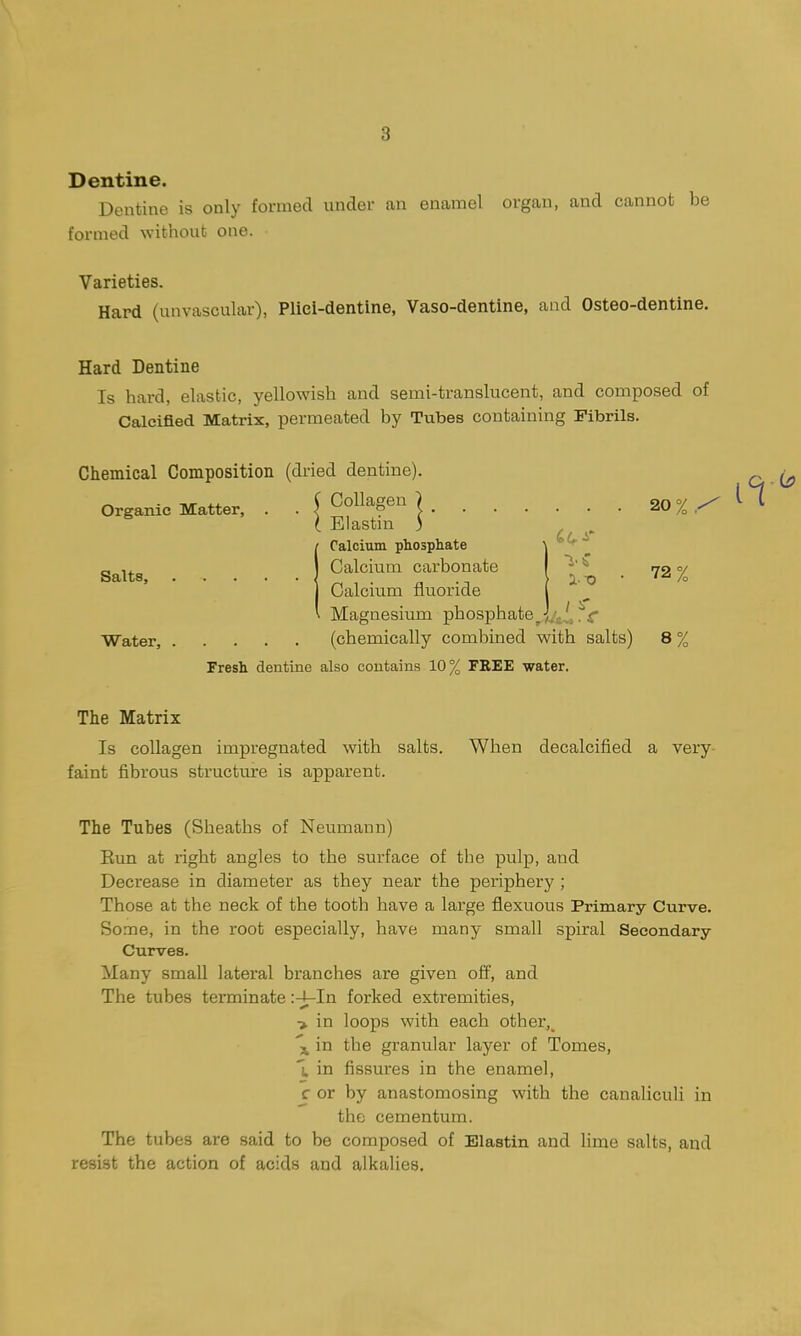 3 Dentine. Dentine is only formed under an enamel organ, and cannot be formed without one. Varieties. Hard (unvascular), Plici-dentine, Vaso-dentine, and Osteo-dentine. Hard Dentine Is hard, elastic, yellowish and semi-translucent, and composed of Calcified Matrix, permeated by Tubes containing Fibrils. Chemical Composition (di-ied dentine) Organic Matter, . > Collagen | 20% ^ Elastm 3 ICalcium phosphate Calcium carbonate I i' ^ 72% Calcium fluoride ( Magnesium pbosphate^JI/a^'^. X- Fresh dentine also contains 10% FREE water. The Matrix Is collagen impregnated with salts. When decalcified a very faint fibrous structure is apparent. The Tubes (Sheaths of Neumann) Eun at right angles to the surface of the pulp, and Decrease in diameter as they near the periphery ; Those at the neck of the tooth have a large flexuous Primary Curve. Some, in the root especially, have many small spiral Secondary Curves. Many small lateral branches are given off, and The tubes terminate :-J-In forked extremities, ■> in loops with each other,_ \ in the granular layer of Tomes, 'i, in fissures in the enamel, c or by anastomosing with the canaliculi in the cementum. The tubes are said to be composed of Elastin and lime salts, and resist the action of acids and alkalies. I'