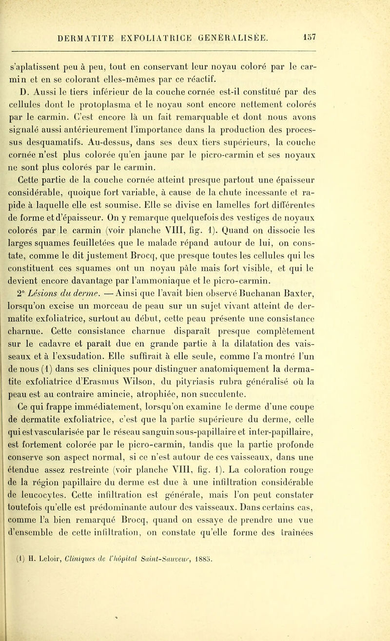 s'aplatissent peu à peu, tout en conservant leur noyau coloré par le car- min et en se colorant elles-mêmes par ce réactif. D. Aussi le tiers inférieur de la couche cornée est-il constitué par des cellules dont le protoplasma et le noyau sont encore nettement colorés par le carmin. C'est encore là un fait remarquable et dont nous avons signalé aussi antérieurement l'importance dans la production des proces- sus desquamatifs. Au-dessus, dans ses deux tiers supérieurs, la couclie cornée n'est plus colorée qu'en jaune par le picro-carmin et ses noyaux ne sont plus colorés par le carmin. Cette partie de la couche cornée atteint presque partout une épaisseur considérable, quoique fort variable, à cause de la chute incessante et ra- pide à laquelle elle est soumise. Elle se divise en lamelles fort différentes de forme et d'épaisseur. On y remarque quelquefois des vestiges de noyaux colorés par le carmin (voir planche VIII, fig. 1). Quand on dissocie les larges sqviames feuilletées que le malade répand autour de lui, on cons- tate, comme le dit justement Brocq, que presque toutes les cellules qui les constituent ces squames ont un noyau pâle mais fort visible, et qui le devient encore davantage par l'ammoniaque et le picro-carmin. 2° Lésions du derme. — Ainsi que l'avait bien observé Buchanan Baxter, lorsqu'on excise un morceau de peau sur un sujet vivant atteint de der- matite exfoliatrice, surtout au début, cette peau présente une consistance charnue. Cette consistance charnue disparaît presque complètement sur le cadavre et paraît due en grande partie à la dilatation des vais- seaux et à l'exsudation. Elle suffirait à elle seule, comme l'a montré l'un de nous (1) dans ses cliniques pour distinguer anatomiquement la derma- tite exfoliatrice d'Erasmus Wilson, du pityriasis rubra généralisé où la peau est au contraire amincie, atrophiée, non succulente. Ce qui frappe immédiatement, lorsqu'on examine le derme d'une coupe de dermatite exfoliatrice, c'est que la partie supérieure du derme, celle quiestvascularisée par le réseau sanguin sous-papillaire et inter-papillaire, est fortement colorée par le picro-carmin, tandis que la partie profonde conserve son aspect normal, si ce n'est autour de ces vaisseaux, dans une étendue assez restreinte (voir planche VIII, fig. 1). La coloration rouge de la région papillaire du derme est due à une infiltration considérable de leucocytes. Cette infiltration est générale, mais l'on peut constater j toutefois qu'elle est prédominante autour des A'aisseaux. Dans certains cas, comme l'a bien remarqué Brocq, quand on essaye de prendre une vue d'ensemble de cette infiltration, on constate qu'elle forme des traînées (1) H. Leloir, Cliniques de l'iiupital Saint-Sauveur, 1883.