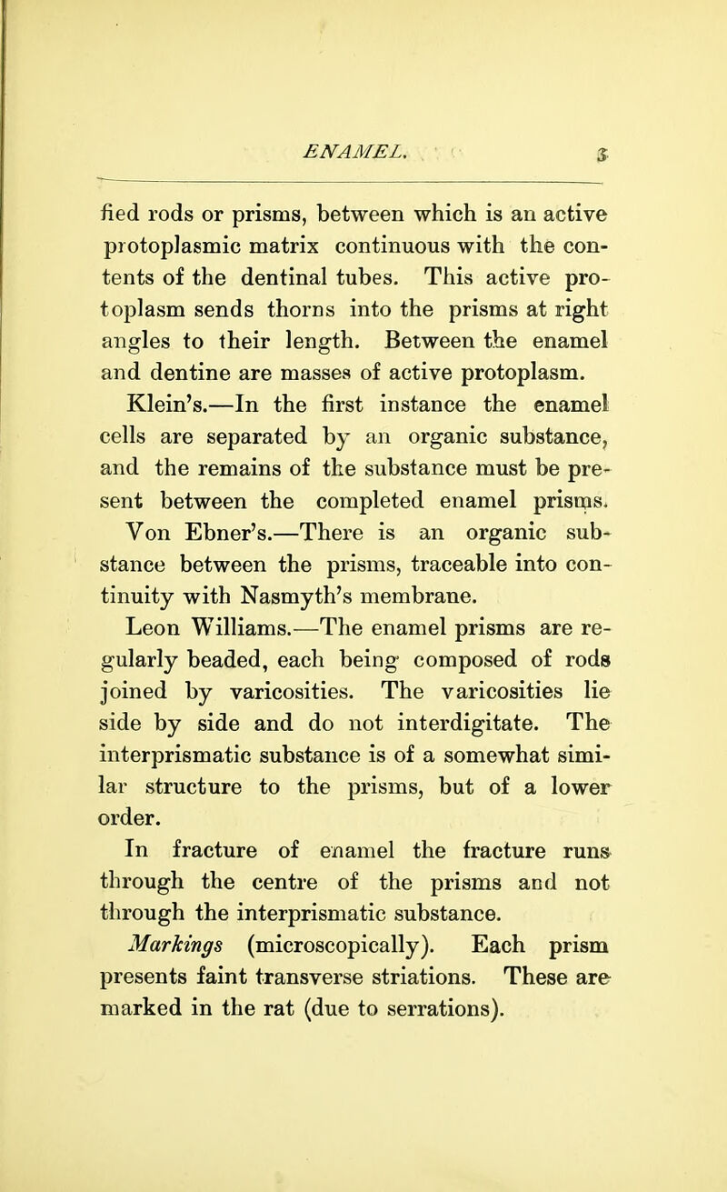 fied rods or prisms, between which is an active protoplasmic matrix continuous with the con- tents of the dentinal tubes. This active pro- toplasm sends thorns into the prisms at right angles to their length. Between the enamel and dentine are masses of active protoplasm. Klein's.—In the first instance the enamel cells are separated by an organic substance, and the remains of the substance must be pre- sent between the completed enamel prisms. Von Ebner's.—There is an organic sub- stance between the prisms, traceable into con- tinuity with Nasmyth's membrane. Leon Williams.—The enamel prisms are re- gularly beaded, each being composed of rods joined by varicosities. The varicosities lie side by side and do not interdigitate. The interprismatic substance is of a somewhat simi- lar structure to the prisms, but of a lower order. In fracture of enamel the fracture runs through the centre of the prisms and not through the interprismatic substance. Markings (microscopically). Each prism presents faint transverse striations. These are marked in the rat (due to serrations).