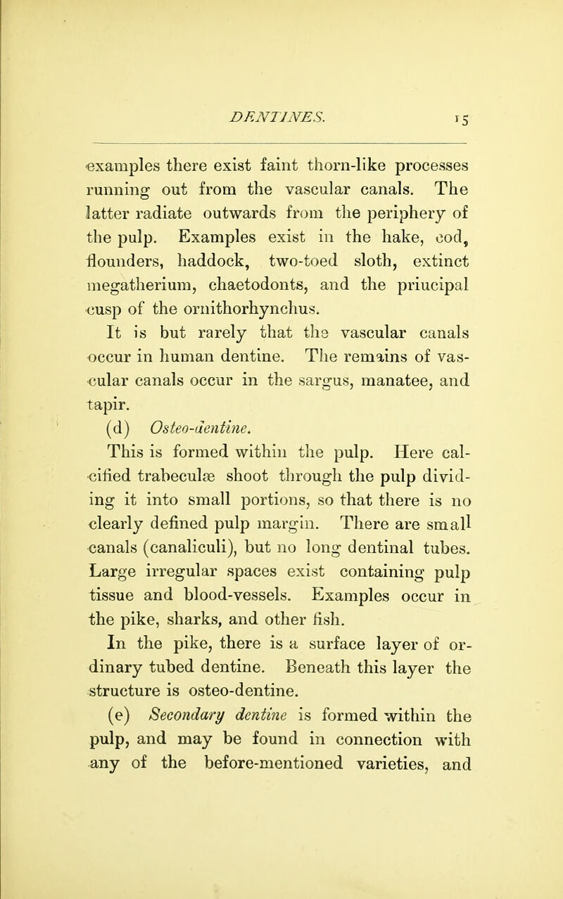 examples there exist faint thorn-like processes runninnr out from the vascular canals. The latter radiate outwards from the periphery of the pulp. Examples exist in the hake, ood, flounders, haddock, two-toed sloth, extinct megatherium, chaetodonts, and the priucipal cusp of the ornithorhynchus. It is but rarely that the vascular canals occur in human dentine. The remains of vas- cular canals occur in the sargus, manatee, and tapir, (d) Osteo-dentinc. This is formed within the pulp. Here cal- cified trabeculse shoot through the pulp divid- ing it into small portions, so that there is no clearly defined pulp margin. There are small canals (canaliculi), but no long dentinal tubes. Large irregular spaces exist containing pulp tissue and blood-vessels. Examples occur in the pike, sharks, and other fish. In the pike, there is a surface layer of or- dinary tubed dentine. Beneath this layer the structure is osteo-dentine. (e) Secondary dentine is formed within the pulp, and may be found in connection with any of the before-mentioned varieties, and