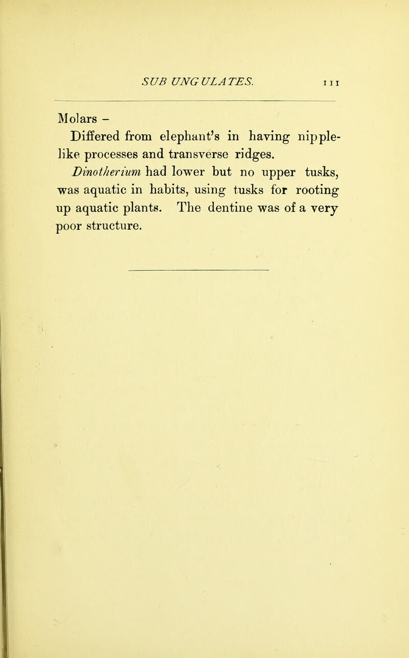 Molars - Differed from elephant's in having nipple- like processes and transverse ridges. Dinot her turn had lower but no upper tusks, was aquatic in habits, using tusks for rooting up aquatic plants. The dentine was of a very- poor structure.