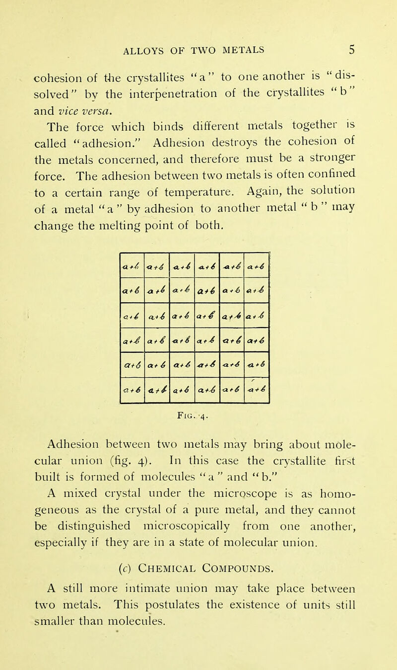 cohesion of the crystallites a to one another is dis- solved by the interpenetration of the crystallites b and vice versa. The force which binds different metals together is called adhesion. Adhesion destroys the cohesion of the metals concerned, and therefore must be a stronger force. The adhesion between two metals is often confined to a certain range of temperature. Again, the solution of a metal a by adhesion to another metal  b  may change the melting point of both. ■a*4 ■q+4 <&*4 <ti> 4 ■4L+4 <A +4 a + 6 a +i <x*i a + -6 «a a*4 at & a * £ a / 4 ■af 4 CL-t 4* <2 + 6 a+4 a+6 a* 4 a*4 ■a+4 ■a +4 -a.* 6 a + 4 a+-6 <x + 6 ■a+4 Fig. 4. Adhesion between two metals may bring about mole- cular union (fig. 4). In this case the crystallite first built is formed of molecules  a  and  b. A mixed crystal under the microscope is as homo- geneous as the crystal of a pure metal, and they cannot be distinguished microscopically from one another, especially if they are in a state of molecular union. (c) Chemical Compounds. A still more intimate union may take place between two metals. This postulates the existence of units still smaller than molecules.