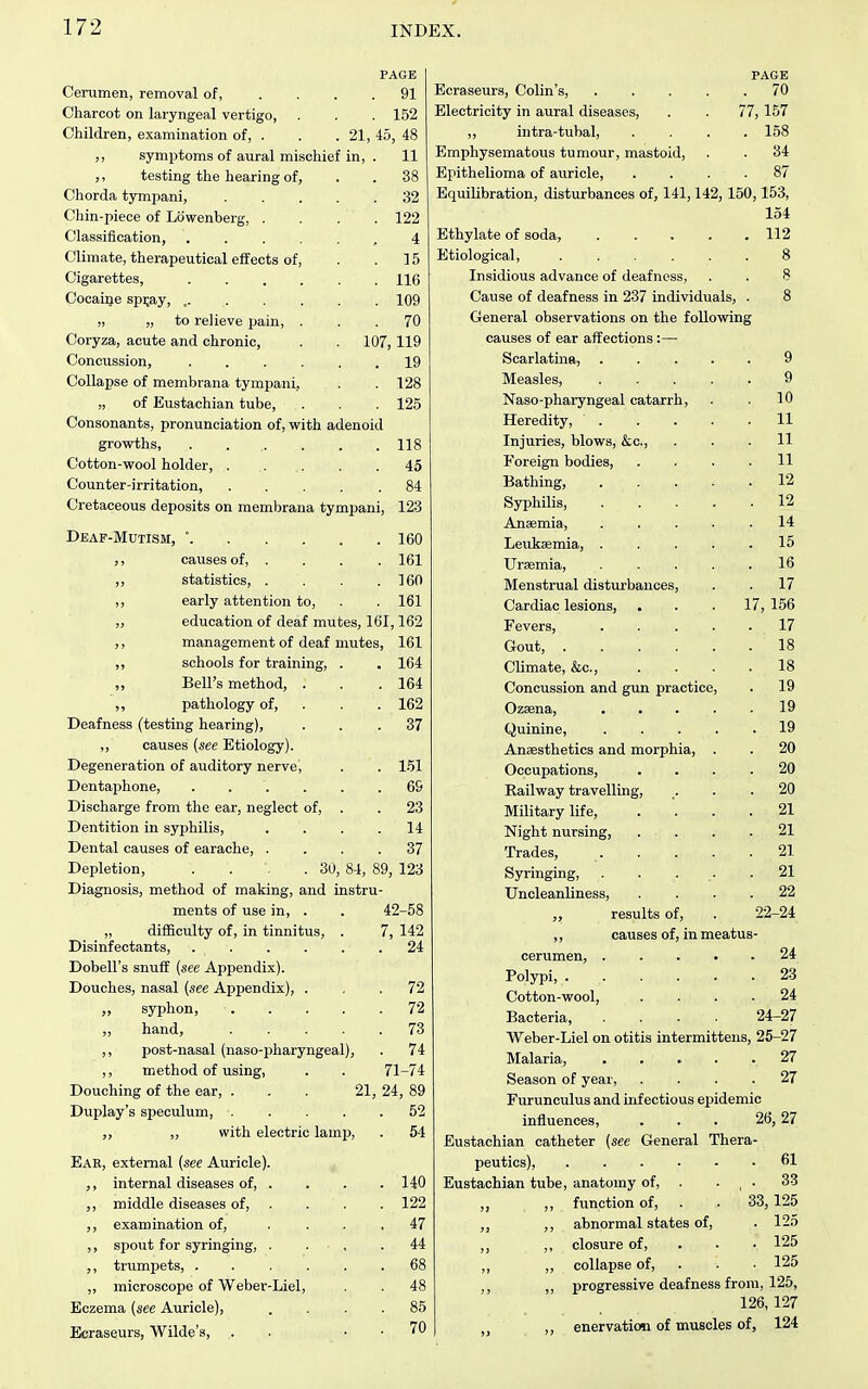 PAGE Cerumen, removal of, .... 91 Charcot on laryngeal vertigo, . . . 152 Children, examination of, . . .21, 45, 48 ,, symptoms of aural mischief in, . 11 ,, testing the hearing of, . . 38 Chorda tympani, ..... 32 Cliin-piece of Lowenberg, .... 122 Classification, ...... 4 Climate, therapeutical effects of, . .15 Cigarettes, 116 Cocaiqie sp];ay, , 109 „ „ to relieve pain, ... 70 Coryza, acute and chronic, . . 107,119 Concussion, ...... 19 Collapse of membrana tympani, . . 128 „ of Eustachian tube, . . . 125 Consonants, pronunciation of, with adenoid growths 118 Cotton-wool holder, . ... . .45 Counter-irritation, 84 Cretaceous deposits on membrana tympani, 123 Deaf-Mutism, ' 160 ,, causes of, .... 161 ,, statistics, . . .160 ,, early attention to, . . 161 „ education of deaf mutes, 161,162 management of deaf mutes, 161 „ schools for training, . . 164 „ Bell's method, . . .164 ,, pathology of, . . . 162 Deafness (testing hearing), ... 37 causes {see Etiology). Degeneration of auditory nerve, . . 151 Dentaphone, 69 Discharge from the ear, neglect of, . . 23 Dentition in syphilis, .... 14 Dental causes of earache, .... 37 Depletion, . . .30, 84, 89, 123 Diagnosis, method of making, and instru- ments of use in, . . 42-58 „ difficulty of, in tinnitus, . 7, 142 Disinfectants, 24 Dobell's snuff (see Appendix). Douches, nasal (see Appendix), ... 72 syphon, ..... 72 „ hand, 73 ,, post-nasal (naso-pliaryngeal), . 74 method of using, . . 71-74 Douching of the ear, ... 21, 24, 89 Duplay's speculum, 52 ,, „ with electric lamp, . 54 Eae, external {see Auricle). ,, internal diseases of, . . . . 140 ,, middle diseases of, . . . . 122 ,, examination of, .... 47 ,, spout for syringing, . . , .44 trumpets, ...... 68 ,, microscope of Weber-Liel, . . 48 Eczema (see Auricle), .... 85 Ecraseurs, Wilde's, . . . . 70 Ecraseurs, Colin's, 70 Electricity in aural diseases, . . 77, 157 „ intra-tubal, .... 158 Emphysematous tumour, mastoid, . . 84 Epithelioma of auricle, .... 87 Equilibration, disturbances of, 141,142, 150,153, 154 Ethylate of soda, 112 Etiological, 8 Insidious advance of deafness, 8 Cause of deafness in 237 individuals, . 8 General observations on the following causes of ear affections:— Scarlatina, 9 Measles, . . . . . 9 Naso-pharyngeal catarrh, 10 Heredity, 11 Injuries, blows, &c.. 11 Foreign bodies, 11 Bathing, .... 12 Syphilis, .... 12 Anaemia, .... 14 Leukaemia, .... 15 Uraemia, .... 16 Menstrual disturbances. 17 Cardiac lesions, . . . 1 7, 156 Fevers, .... 17 Gout, 18 Climate, &c.. 18 Concussion and gun practice. 19 Ozaena, .... 19 Quinine, .... . 19 Anaesthetics and morphia, . 20 Occupations, 20 Railway travelling. 20 Military life. 21 Night nursing, . . 21 Trades, .... 21 Syringing, . . . 21 Uncleanliness, 22 „ results of. 22-24 ,, causes of, in meatus- cerumen, .... . 24 Polypi, . 23 Cotton-wool, . 24 Bacteria, .... 24-27 Weber-Liel on otitis intermittens, 25-27 Malaria, .... . 27 Season of year, . 27 Furunculus and infectious ejjidemic influences. 26, 27 Eustachian catheter (see General Thera 61 Eustachian tube, anatomy of, . . , . 33 „ „ function of, . . 33,125 ,, ,, abnormal states of, . 125 ,, ,, closure of, . 125 ,, „ collapse of. . 125 ,, progressive deafness from, 125, 126, 127 ,, enervation of muscles of , 124