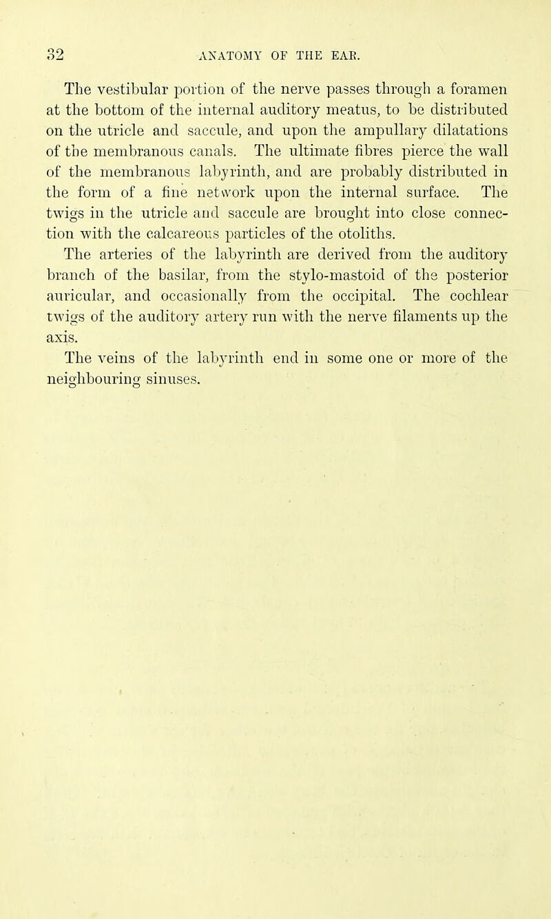 The vestibular i^ortion of the nerve passes through a foramen at the bottom of the internal auditory meatus, to be distributed on the utricle and saccule, and upon the ampullary dilatations of the membranous canals. The ultimate fibres pierce the wall of the membranous laljj'rinth, and are probably distributed in the form of a fine network upon the internal surface. The twigs in the utricle and saccule are brought into close connec- tion with the calcareous particles of the otoliths. The arteries of the labyrinth are derived from the auditory branch of the basilar, from the stylo-mastoid of the posterior auricular, and occasionally from the occipital. The cochlear twigs of the auditory artery run with the nerve filaments up the axis. The veins of the labyrinth end in some one or more of the neighbouring sinuses.