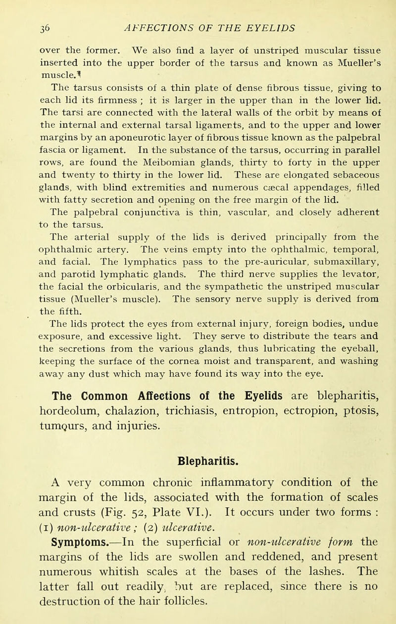 over the former. We also find a layer of unstriped muscular tissue inserted into the upper border of the tarsus and known as Mueller's muscle.'' The tarsus consists of a thin plate of dense fibrous tissue, giving to each lid its firmness ; it is larger in the upper than in the lower lid. The tarsi are connected with the lateral walls of the orbit by means of the internal and external tarsal ligaments, and to the upper and lower margins by an aponeurotic layer of fibrous tissue known as the palpebral fascia or ligament. In the substance of the tarsus, occurring in parallel rows, are found the Meibomian glands, thirty to forty in the upper and twenty to thirty in the lower lid. These are elongated sebaceous glands, with blind extremities and numerous c;ecal appendages, filled with fatty secretion and opening on the free margin of the lid. The palpebral conjunctiva is thin, vascular, and closely adherent to the tarsus. The arterial supply of the lids is derived principally from the ophthalmic artery. The veins empty into the ophthalmic, temporal, and facial. The lymphatics pass to the pre-auricular, submaxillary, and parotid lymphatic glands. The third nerve supplies the levator, the facial the orbicularis, and the sympathetic the unstriped muscular tissue (Mueller's muscle). The sensory nerve supply is derived from the fifth. The lids protect the eyes from external injury, foreign bodies, undue exposure, and excessive light. They serve to distribute the tears and the secretions from the various glands, thus lubricating the eyeball, keeping the surface of the cornea moist and transparent, and washing away any dust which may have found its way into the eye. The Common Affections of the Eyelids are blepharitis, hordeolum, chalazion, trichiasis, entropion, ectropion, ptosis, tumQurs, and injuries. Blepharitis. A very common chronic inflammatory condition of the margin of the lids, associated with the formation of scales and crusts (Fig. 52, Plate VI.). It occurs under two forms : (i) non-ulcerative ; (2) ulcerative. Symptoms.—In the superficial or non-ulcerative form the margins of the lids are swollen and reddened, and present numerous whitish scales at the bases of the lashes. The latter fall out readily^ but are replaced, since there is no destruction of the hair follicles.