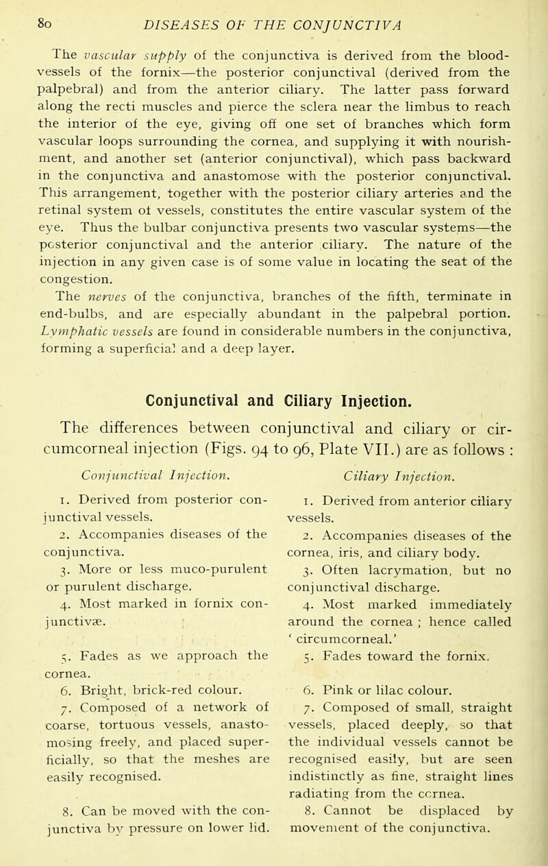 The vascular supply of the conjunctiva is derived from the blood- vessels of the fornix—the posterior conjunctival (derived from the palpebral) and from the anterior ciliary. The latter pass forward along the recti nauscles and pierce the sclera near the limbus to reach the interior of the eye, giving off one set of branches which form vascular loops surrounding the cornea, and supplying it with nourish- ment, and another set (anterior conjunctival), which pass backward in the conjunctiva and anastomose with the posterior conjunctival. This arrangement, together with the posterior ciliary arteries a.nd the retinal system of vessels, constitutes the entire vascular system of the eye. Thus the bulbar conjunctiva presents two vascular systems—the posterior conjunctival and the anterior ciliary. The nature of the injection in any given case is of some value in locating the seat of the congestion. The nerves of the conjunctiva, branches of the fifth, terminate in end-bulbs, and are especially abundant in the palpebral portion. Lymphatic vessels are found in considerable numbers in the conjunctiva, forming a superficial and a deep layer. Conjunctival and Ciliary Injection. The differences between conjunctival and ciliary or cir- cumcorneal injection (Figs. 94 to 96, Plate VII.) are as follows : Conjunctival Injection. 1. Derived from posterior con- junctival vessels. 2. Accompanies diseases of the conjunctiva. 3. More or less muco-purulent or purulent discharge. 4. Most marked in fornix con- junctivse. 5. Fades as we approach the cornea. 6. Bright, brick-red colour. 7. Composed of a network of coarse, tortuous vessels, anasto- mosing freely, and placed super- ficially, so that the meshes are easily recognised. 8. Can be moved with the con- junctiva bv pressure on lower lid. Ciliary Injection. 1. Derived from anterior ciliary vessels. 2. Accompanies diseases of the cornea, iris, and ciliary body. 3. Often lacrymation, but no conjunctival discharge. 4. Most marked immediately around the cornea ; hence called ' circumcorneal.' 5. Fades toward the fornix. 6. Pink or lilac colour. 7. Composed of small, straight vessels, placed deeply, so that the individual vessels cannot be recognised easily, but are seen indistinctly as fine, straight lines radiating from the cornea. 8. Cannot be displaced by movement of the conjunctiva.