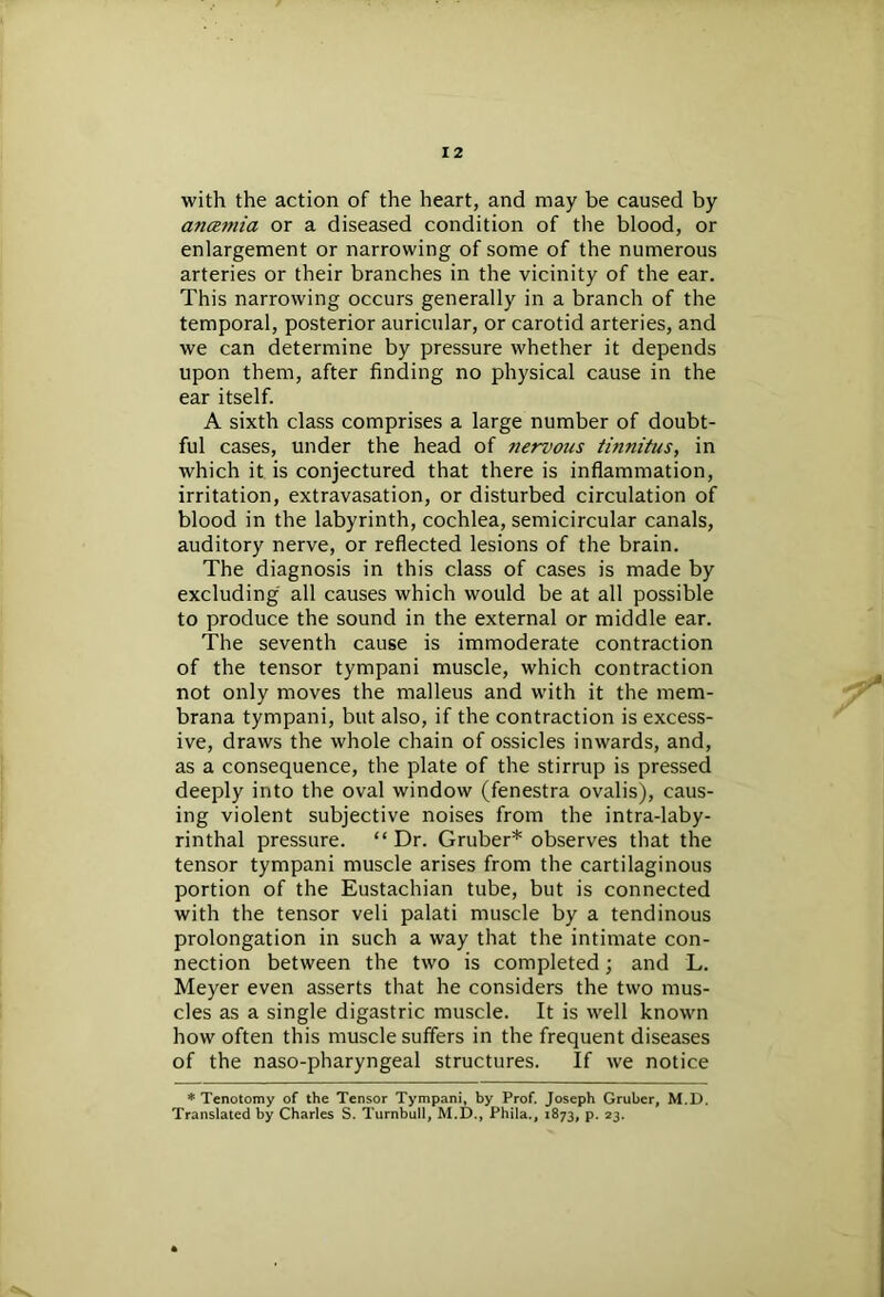 with the action of the heart, and may be caused by ancemia or a diseased condition of the blood, or enlargement or narrowing of some of the numerous arteries or their branches in the vicinity of the ear. This narrowing occurs generally in a branch of the temporal, posterior auricular, or carotid arteries, and we can determine by pressure whether it depends upon them, after finding no physical cause in the ear itself. A sixth class comprises a large number of doubt- ful cases, under the head of nervous tinnitus, in which it is conjectured that there is inflammation, irritation, extravasation, or disturbed circulation of blood in the labyrinth, cochlea, semicircular canals, auditory nerve, or reflected lesions of the brain. The diagnosis in this class of cases is made by excluding all causes which would be at all possible to produce the sound in the external or middle ear. The seventh cause is immoderate contraction of the tensor tympani muscle, which contraction not only moves the malleus and with it the mem- brana tympani, but also, if the contraction is excess- ive, draws the whole chain of ossicles inwards, and, as a consequence, the plate of the stirrup is pressed deeply into the oval window (fenestra ovalis), caus- ing violent subjective noises from the intra-laby- rinthal pressure. “ Dr. Gruber* observes that the tensor tympani muscle arises from the cartilaginous portion of the Eustachian tube, but is connected with the tensor veli palati muscle by a tendinous prolongation in such a way that the intimate con- nection between the two is completed; and L. Meyer even asserts that he considers the two mus- cles as a single digastric muscle. It is well known how often this muscle suffers in the frequent diseases of the naso-pharyngeal structures. If we notice * Tenotomy of the Tensor Tympani, by Prof. Joseph Gruber, M.D. Translated by Charles S. Turnbull, M.D., Phila., 1873, p. 23.