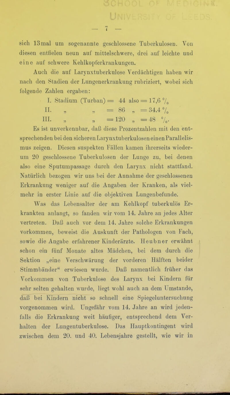 sich 13mal um sogenannte geschlossene Tuberkulosen. Von diesen entfielen neun auf mittelschwere, drei auf leichte und eine auf schwere Kehlkopferkrankungen. Auch die auf Larynxtuberkulose Verdächtigen haben wir nach den Stadien der Lungenerkrankung rubriziert, wobei sich folgende Zahlen ergaben: I. Stadium (Turban) = 44 also = 17,6 7o II. „ „ = 86 „ =34,4 7, III. „ „ =120 „ =48 7o- Es ist unverkennbar, daß diese Prozentzahlen mit den ent- sprechenden bei den sicheren Larynxtuberkulosen einen Parallelis- mus zeigen. Diesen suspekten Fällen kamen ihrerseits wieder- um 20 geschlossene Tuberkulosen der Lunge zu, bei denen also eine Sputumpassage durch den Larynx nicht stattfand. Natürlich bezogen wir uns bei der Annahme der geschlossenen Erkrankung weniger auf die Angaben der Kranken, als viel- mehr in erster Linie auf die objektiven Lungenbefunde. Was das Lebensalter der am Kehlkopf tuberkulös Er- krankten anlangt, so fanden wk vom 14. Jahre an jedes Alter vertreten. Daß auch vor dem 14. Jahre solche Erkrankungen vorkommen, beweist die Auskunft der Pathologen von Fach, sowie die Angabe erfahrener Kinderärzte. Heubner erwähnt schon ein fünf Monate altes Mädchen, bei dem durch die Sektion „eine Verschwärung der vorderen Hälften beider Stimmbänder erwiesen wurde. Daß namentlich früher das Vorkommen von Tuberkulose des Larynx bei Kindern für sehr selten gehalten wurde, liegt wohl auch an dem LTmstande, daß bei Kindern nicht so schnell eine Spiegeluntersuchung vorgenommen wird. Ungefähr vom 14. Jahre an wird jeden- falls die Erkrankung weit häufiger, entsprechend dem Ver- halten der Lungentuberkulose. Das Hauptkontingent wird zwischen dem 20. und 40. Lebensjahre gestellt, wie wir in