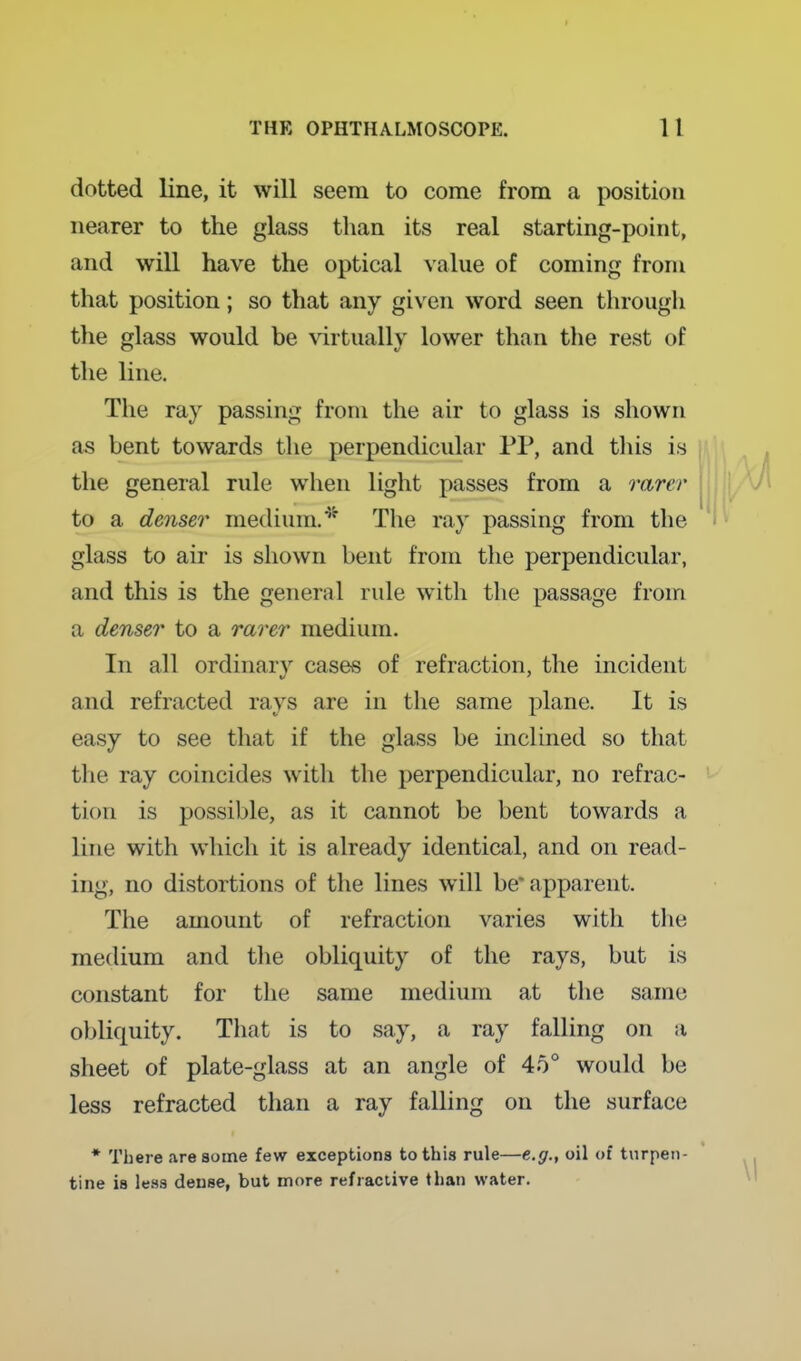 dotted line, it will seem to come from a position nearer to the glass tlian its real starting-point, and will have the optical ^'alue of coming from that position; so that any given word seen through the glass would be virtually lower than the rest of the line. The ray passing from the air to glass is shown as bent towards the perpendicular PP, and tliis is the general rule when light passes from a rarer to a denser medium.* The ray passing from the glass to air is shown bent from the perpendicular, and this is the general rule with the passage from a denser to a rarer medium. In all ordinary cases of refraction, the incident and refracted rays are in the same plane. It is easy to see that if the glass be inclined so that the ray coincides with the perpendicular, no refrac- tion is possible, as it cannot be bent towards a line with which it is already identical, and on read- ing, no distortions of the lines will be* apparent. The amount of refraction varies with the medium and the obliquity of the rays, but is constant for the same medium at the same obliquity. That is to say, a ray falling on a sheet of plate-glass at an angle of 45° would be less refracted than a ray falling on the surface * There are some few exceptions to this rule—e.g., oil of turpen- tine is less dense, but more refractive than water.