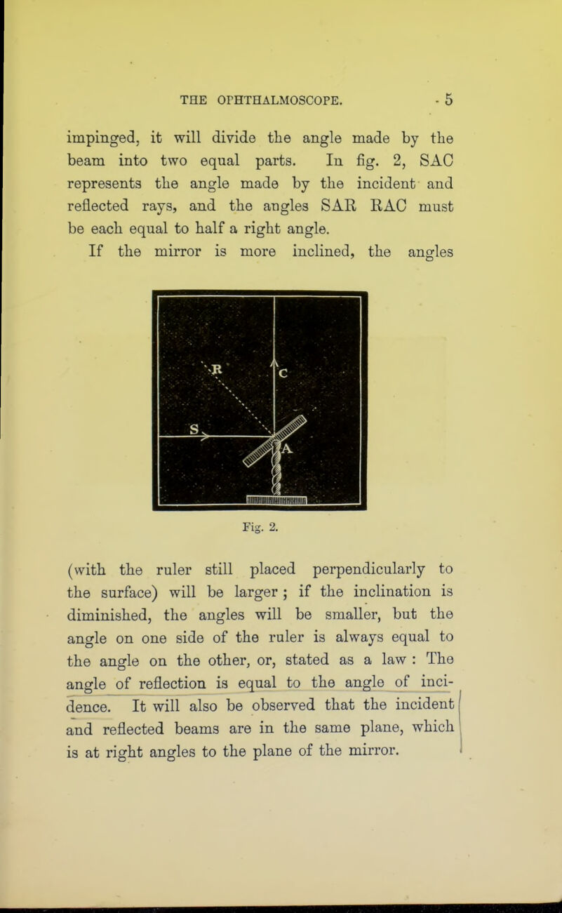 impinged, it will divide the angle made by the beam into two equal parts. In fig. 2, SAO represents the angle made by the incident and reflected rays, and the angles SAR RAG must be each equal to half a right angle. If the mirror is more inclined, the angles Fig. 2. (with the ruler still placed perpendicularly to the surface) will be larger ; if the inclination is diminished, the angles will be smaller, but the angle on one side of the ruler is always equal to the angle on the other, or, stated as a law : The angle of reflection is equal to the angle of inci- dence. It will also be observed that the incident and reflected beams are in the same plane, which is at right angles to the plane of the mirror.