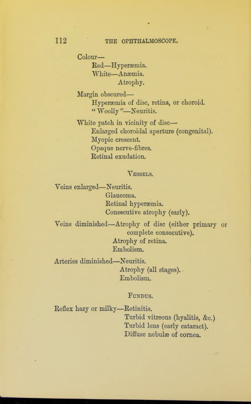 Colour— Red—Hypersemia. White—Anaemia. Atrophy. Margin obscured— Hypersemia of disc, retina, or choroid.  Woolly —Neuritis. White patch in vicinity of disc— Enlarged choroidal aperture (congenital). Myopic crescent. Opaque nerve-fibres. Retinal exudation. Vessels. Veins enlarged—Neuritis. Glaucoma. Retinal hypersemia. Consecutive atrophy (early). Veins diminished—Atrophy of disc (either primary complete consecutive). Atrophy of retina. Embolism. Arteries diminished—Neuritis. Atrophy (all stages). Embolism. Fundus. Reflex hazy or milky—Retinitis. Turbid vitreous (hyalitis, &c.) Turbid lens (early cataract). Diffuse nebulae of cornea.