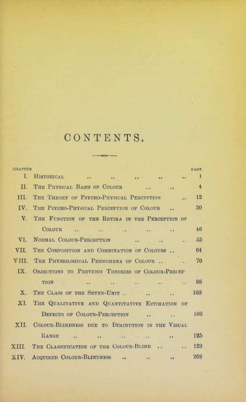 CONTENTS. CHAPTER FAOl! I. Historical .. .. ,, ,. ,. I II. The Physical Basis of Colour .. ., 4 III. The Theory of Psyoho-Physical Perception .. 12 IV. The Psycho-Physical Perception of Colour .. 30 V. The Function of the Retina in the Perception of Colour .. .. .. .. 46 VI. Normal Colour-Perception .. „. .. 55 VII. The Composition and Combination of Colours .. 64 VIII. The Physiological Phenomena of Colour .. .. 70 IX. Objections to Previous Theories of Colour-Peroep TION .. .. .. ..88 X. The Class of the Seven-Unit .. .. .. 103 XI. The Qualitative and Quantitative Estimation of Defects of Colour-Peboeption .. .. 106 XII. Coloub-Blindness due to Diminution in the Visual Range ,. .. .. .. .. 125 XIII. The Classification op the Colour-Blind .. .. 129 XIV. Acquired Colodr-Blindness .. „ 208