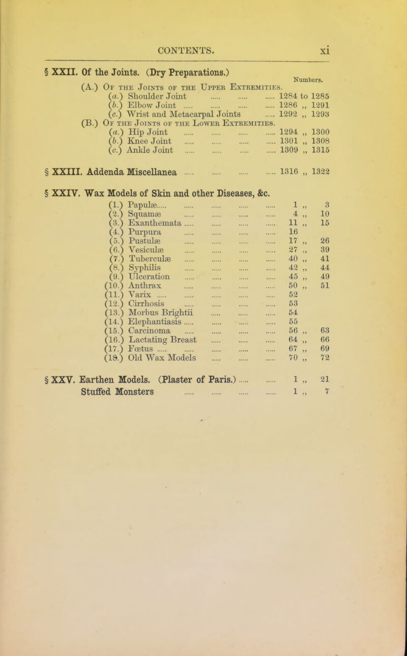 § XXII. Of the Joints. (Dry Preparations.) Numbers. (A.) Of the Joints of the Upper Extbemities. (a.) Shoulder Joint 1284 to 1285 (b.) Elbow Joint 1286 „ 1291 (c.) Wrist and Metacarpal Joints 1292 „ 1298 (B.) Of the Joints of the Lower Extremities. (a.) Hip Joint 1294 „ 1300 (b.) Knee Joint 1301 „ 1308 (c.) Ankle Joint 1309 „ 1315 § XXIII. Addenda Miscellanea 1310 „ 1322 § XXIV. Wax Models of Skin and other Diseases, &c. (1.) Papiilse 1 3 (2.) Sqnamse 4 „ 10 (3.) Exanthemata 11 ,, 15 (4.) Pui'piu'a 16 (5.) PustulcTe 17 „ 26 (6.) Vesicida} 27 „ 39 (7.) Tuberciilae 40 „ 41 (8.) S.>-philis 42 „ 44 (9.) Ulceration 45 „ 49 (10.) Anthrax 50 „ 51 (11.) Yarix 52 (12.) Cii-rhosis 53 (13.) Morbus Brightii 54 (14.) Elephantiasis 55 (15.) Carcinoma 56 ,, 63 (16.) Lactating Breast 64 ,, 66 (17.) Foetus 67 „ 69 (18.) Old Wax Models 70 „ 72 § XXV. Earthen Models. (Plaster of Paris.) 1 „ 21 Stuffed Monsters l 7