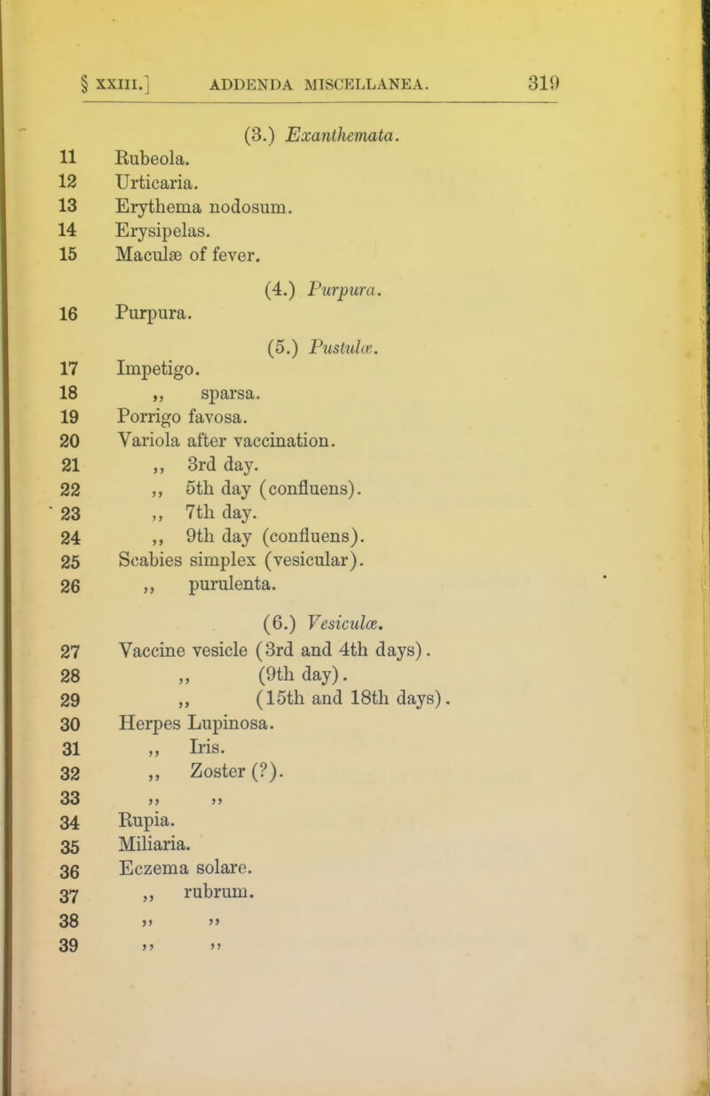 (3.) Exanthemata. 11 Kubeola. 12 Urticaria. 13 Erythema nodosum. 14 Erysipelas. 15 MaculaB of fever. (4.) Purpura. 16 Purpura. (5.) Pustulce. 17 Impetigo. 18 sparsa. 19 Porrigo favosa. 20 Variola after vaccination. 21 ,, 3rd day. 22 5th. day (confluens). 23 7tli day. 24 ,, 9th day (confluens). 25 Scabies simplex (vesicular). 26 purulenta. (6.) Vesiculce, 27 Vaccine vesicle (3rd and 4th days). 28 „ (9th day). 29 ,, (15th and 18th days). 30 Herpes Lupinosa. 31 „ Iris. 32 „ Zoster (?). 33 )) J J 34 Rupia. 35 Miliaria. 36 Eczema solare. 37 rubrum. 38 »> 39 