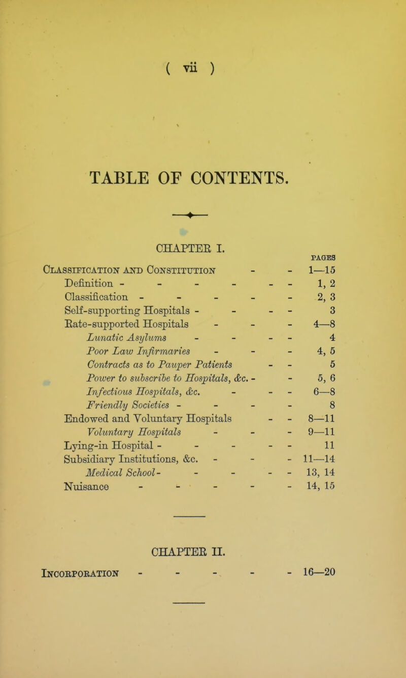 ( ™ ) TABLE OF CONTENTS. «♦ CHAPTEE I. PAGES Classification and Constitution - - 1—15 Definition - - - - - - 1, 2 Classification - - - - 2, 3 Seli-supporting Hospitals - - - 3 Eate-supported Hospitals - 4—8 Lunatic Asylums - - - 4 Poor Law Infirmaries - - - 4, 5 Contracts as to Pauper Patients - 5 Power to subscribe to Hospitals, &c. - - 5, 6 Infectious Hospitals, &c. - - 6—8 Friendly Societies - 8 Endowed and Voluntary Hospitals - - 8—11 Voluntary Hospitals - 9—11 Lying-in Hospital - - - - 11 Subsidiary Institutions, &c. - 11—14 Medical School- - - 13, 14 Nuisance - - - - - 14, 15 CHAPTEE II. Incoepoeation ----- 16—20