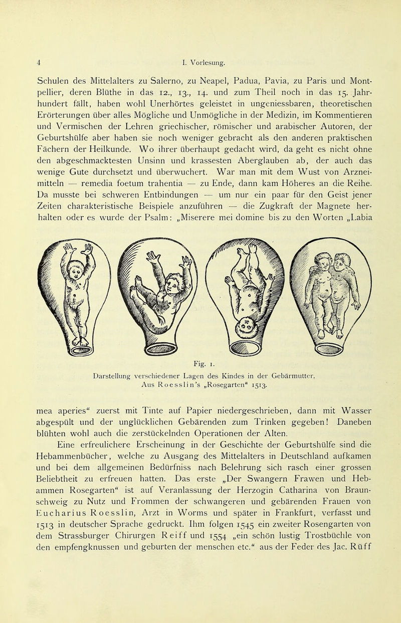 Schulen des Mittelalters zu Salerno, zu Neapel, Padua, Pavia, zu Paris und Mont- pellier, deren Blüthe in das 12., 13., 14. und zum Theil noch in das 15. Jahr- hundert fällt, haben wohl Unerhörtes geleistet in ungeniessbaren, theoretischen Erörterungen über alles Mögliche und Unmögliche in der Medizin, im Kommentieren und Vermischen der Lehren griechischer, römischer und arabischer Autoren, der Geburtshülfe aber haben sie noch weniger gebracht als den anderen praktischen Fächern der Heilkunde. Wo ihrer überhaupt gedacht wird, da geht es nicht ohne den abgeschmacktesten Unsinn und krassesten Aberglauben ab, der auch das wenige Gute durchsetzt und überwuchert. War man mit dem Wust von Arznei- mitteln — remedia foetum trahentia — zu Ende, dann kam Höheres an die Reihe. Da musste bei schweren Entbindungen — um nur ein paar für den Geist jener Zeiten charakteristische Beispiele anzuführen — die Zugkraft der Magnete her- halten oder es wurde der Psalm: „Miserere mei domine bis zu den Worten „Labia mea aperies zuerst mit Tinte auf Papier niedergeschrieben, dann mit Wasser abgespült und der unglücklichen Gebärenden zum Trinken gegeben! Daneben blühten wohl auch die zerstückelnden Operationen der Alten. Eine erfreulichere Erscheinung in der Geschichte der Geburtshülfe sind die Hebammenbücher, welche zu Ausgang des Mittelalters in Deutschland aufkamen und bei dem allgemeinen Bedürfniss nach Belehrung sich rasch einer grossen Beliebtheit zu erfreuen hatten. Das erste „Der Swangern Frawen und Heb- ammen Rosegarten ist auf Veranlassung der Herzogin Catharina von Braun- schweig zu Nutz und Frommen der schwangeren und gebärenden Frauen von Eucharius Roesslin, Arzt in Worms und später in Frankfurt, verfasst und 1513 in deutscher Sprache gedruckt. Ihm folgen 1545 ein zweiter Rosengarten von dem Strassburger Chirurgen Reiff und 1554 „ein schön lustig Trostbüchle von den empfengknussen und geburten der menschen etc. aus der Feder des Jac. Rüff Fig. 1. Darstellung verschiedener Lagen des Kindes in der Gebärmutter. Aus Roesslin's „Rosegarten 1513.