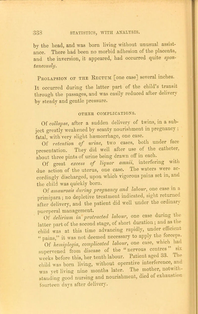 by the head, and was born living without unusual assist- ance. There had been no morbid adhesion of the placenta, and the inversion, it appeared, had occurred quite spon- taneously. Prolapsiott oe the Eectttm [one case] several inches. It occurred during the latter part of the child's transit through the passages, and was easily reduced after delivery by steady and gentle pressure. OTHER COMPLICATIONS. Of collapse, after a sudden delivery of twins, in a sub- ject greatly weakened by scanty nourishment in pregnancy ; fatal, with very slight haemorrhage, one case. Of retention of urine, two cases, both under face presentation. They did well after use of the catheter, about three pints of urine being drawn off in each. Of great excess of liquor amnii, interfering with due action of the uterus, one case. The waters were ac- cordingly discharged, upon which vigorous pains set in, and the child was quickly born. Of amaurosis during pregnancy and labour, one case in a primipara; no depletive treatment indicated, sight returned after delivery, and the patient did well under the ordinary puerperal management. Of delirium in protracted labour, one case during the latter part of the second stage, of short duration; and as the child was at this time advancing rapidly, under efficient  pains, it was not deemed necessary to apply the forceps. Of hemiplegia, complicated labour, one case, which had supervened from disease of the  nervous centres six weeks before this, her tenth labour. Patient aged 33. The child was born living, without operative interference, and was yet living nine months later. The mother, notwith- standing good nursing and nourishment, died of exhaustion fourteen days after delivery.