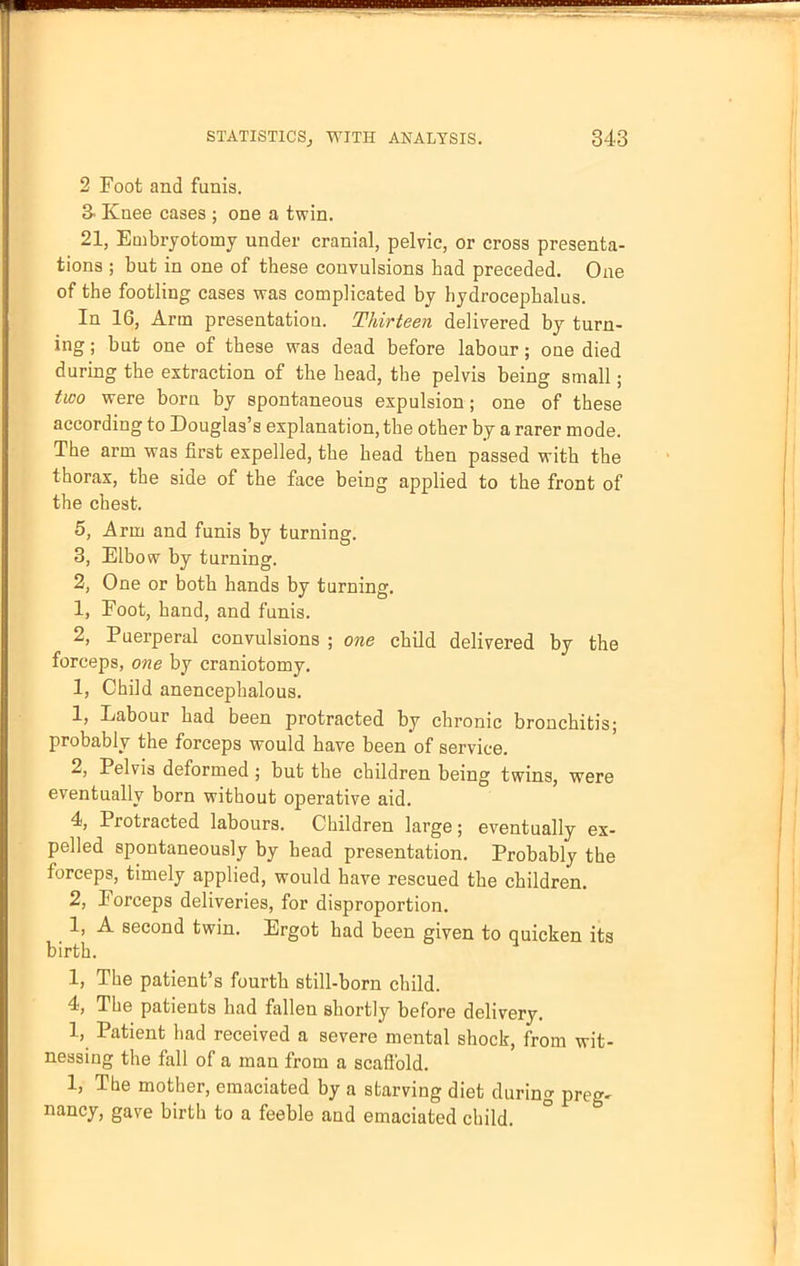 2 Foot and funis. 3. Knee cases ; one a twin. 21, Embryotomy under cranial, pelvic, or cross presenta- tions ; but in one of these convulsions bad preceded. One of the footling cases was complicated by hydrocephalus. In 16, Arm presentatiou. Thirteen delivered by turn- ing ; but one of these was dead before labour; one died during the extraction of the head, the pelvis being small; two were bora by spontaneous expulsion; one of these according to Douglas's explanation, the other by a rarer mode. The arm was first expelled, the head then passed with the thorax, the side of the face being applied to the front of the chest. 5, Arm and funis by turning. 3, Elbow by turning. 2, One or both hands by turning. 1, Foot, hand, and funis. 2, Puerperal convulsions ; one child delivered by the forceps, one by craniotomy. 1, Child anencephalous. 1, Labour had been protracted by chronic bronchitis; probably the forceps would have been of service. 2, Pelvis deformed ; but the children being twins, were eventually born without operative aid. 4, Protracted labours. Children large; eventually ex- pelled spontaneously by head presentation. Probably the forceps, timely applied, would have rescued the children. 2, Forceps deliveries, for disproportion. 1, A second twin. Ergot had been given to quicken its birth. 1, The patient's fourth still-born child. 4, The patients had fallen shortly before delivery. 1, Patient had received a severe mental shock, from wit- nessing the fall of a man from a scaffold. 1, The mother, emaciated by a starving diet during preg- nancy, gave birth to a feeble and emaciated child.