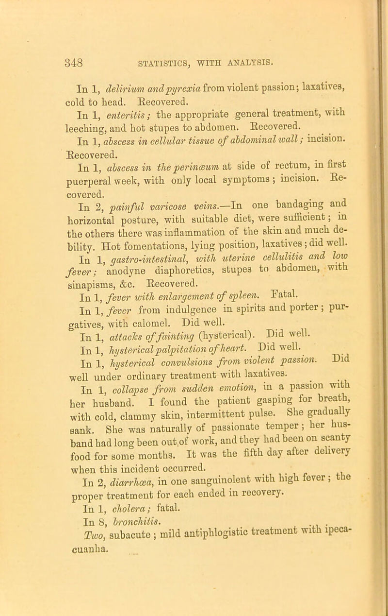 In 1, delirium and pyrexia from violent passion; laxatives, cold to head. Recovered. In 1, enteritis; the appropriate general treatment, with leeching, and hot stupes to abdomen. Eecovered. In 1, abscess in cellular tissue of abdominal wall; incision. Eecovered. In 1, abscess in the perinceum at side of rectum, in first puerperal week, with only local symptoms ; incision. Ee- covered. In 2, painful varicose veins.—In one bandaging and horizontal posture, with suitable diet, were suflicient; m the others there was inflammation of the skin and much de- bility. Hot fomentations, lying position, laxatives; did well. In 1, gastro-intestinal, with uterine cellulitis and low fever; anodyne diaphoretics, stupes to abdomen, with sinapisms, &c. Eecovered. In 1, fever with enlargement of spleen. Fatal. In 1, fever from indulgence in spirits and porter ; pur- gatives, with calomel. Did well. In 1, attacks of fainting (hysterical). Did well. In I, hysterical palpitation of heart. Did well. In 1, hysterical convulsions from violent passion. Did well under ordinary treatment with laxatives. In 1, collapse from sudden emotion, in a passion with her husband. I found the patient gasping for breath, with cold, clammy skin, intermittent pulse. She gradually sank. She was naturally of passionate temper; her hus- band had long been out.of work, and they had been on scanty food for some months. It was the fifth day after delivery when this incident occurred. In 2, diarrhoea, in one sanguinolent with high fever ; the proper treatment for each ended in recovery. In 1, cholera; fatal. Two, subacute ; mild antiphlogistic treatment with ipeca- cuanha.