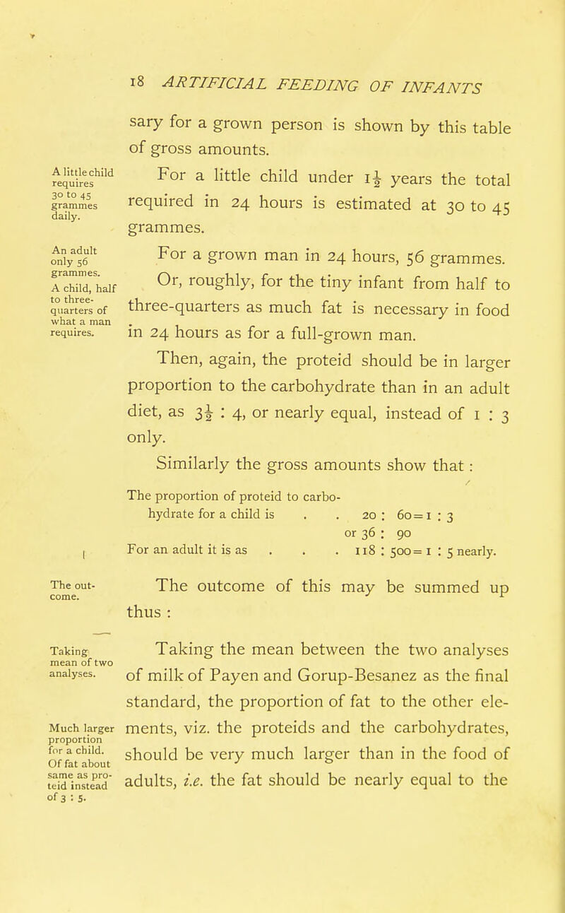 A little child requires 30 to 45 grammes daily. An adult only 56 grammes. A child, half to three- quarters of what a man requires. The out- come. sary for a grown person is shown by this table of gross amounts. For a little child under i\ years the total required in 24 hours is estimated at 30 to 45 grammes. For a grown man in 24 hours, 56 grammes. Or, roughly, for the tiny infant from half to three-quarters as much fat is necessary in food in 24 hours as for a full-grown man. Then, again, the proteid should be in larger proportion to the carbohydrate than in an adult diet, as 31 : 4, or nearly equal, instead of 1 : 3 only. Similarly the gross amounts show that: The proportion of proteid to carbo- hydrate for a child is . . 20 : 60=1 : 3 or 36 ; 90 For an adult it is as . . . 118 : 500= 1 : 5 nearly. The outcome of this may be summed up thus : Taking mean of two analyses. Much larger proportion for a child. Of fat about same as pro- teid instead of 3 : 5. Taking the mean between the two analyses of milk of Payen and Gorup-Besanez as the final standard, the proportion of fat to the other ele- ments, viz. the proteids and the carbohydrates, should be very much larger than in the food of adults, i.e. the fat should be nearly equal to the