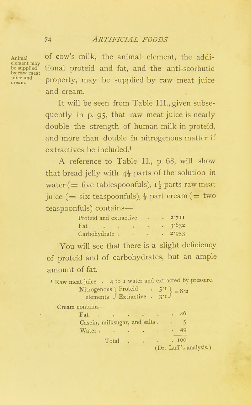 Animal of cow's milk, the animal element, the addi- element may- be supplied tional proteid and fat, and the anti-scorbutic by raw meat CTeam!nd property, may be supplied by raw meat juice and cream. It will be seen from Table III., given subse- quently in p. 95, that raw meat juice is nearly double the strength of human milk in proteid, and more than double in nitrogenous matter if extractives be included.1 A reference to Table II., p. 68, will show that bread jelly with 4^ parts of the solution in water (= five tablespoonfuls), imparts raw meat juice (= six teaspoonfuls), \ part cream (= two teaspoonfuls) contains— Proteid and extractive . . 2711 Fat . . . * • 3*632 Carbohydrate .... 2-953 You will see that there is a slight deficiency of proteid and of carbohydrates, but an ample amount of fat. 1 Raw meat juice . 4 to 1 water and extracted by pressure. Nitrogenous! Proteid . 5-1 \ _g.2 elements i Extractive . 3-iJ Cream contains— Fat 46 Casein, milksugar, and salts. . 5 Water. . . ' . • • 49 Total . . • -loo (Dr. Luff's analysis.)