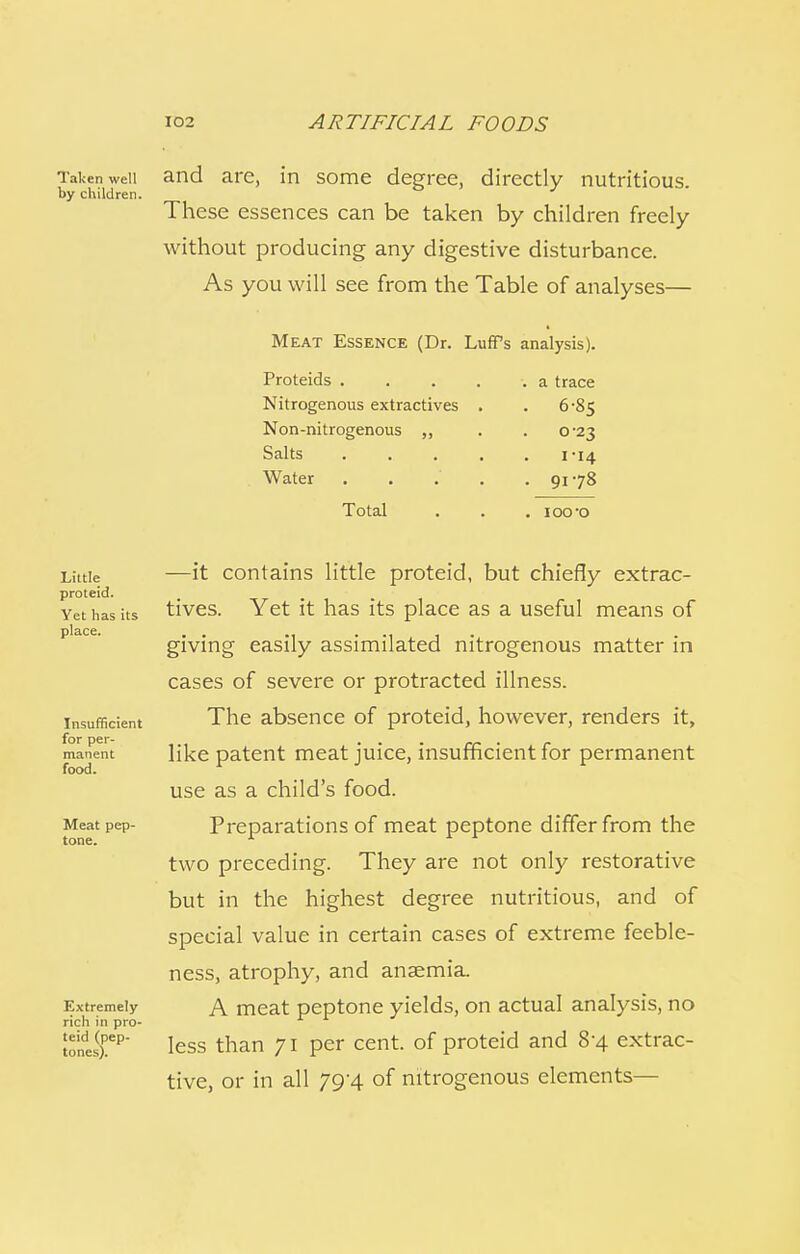 Taken well by children. and are, in some degree, directly nutritious. These essences can be taken by children freely without producing any digestive disturbance. As you will see from the Table of analyses— Meat Essence (Dr. Luffs analysis). Proteids .... . a trace Nitrogenous extractives . • 6-8S Non-nitrogenous ,, 023 Salts .... . 114 Water . • 9178 Total . 100-o Little proteid. Yet has its place. Insufficient for per- manent food. Meat pep- tone. Extremely rich in pro- teid (pep- tones). —it contains little proteid, but chiefly extrac- tives. Yet it has its place as a useful means of giving easily assimilated nitrogenous matter in cases of severe or protracted illness. The absence of proteid, however, renders it, like patent meat juice, insufficient for permanent use as a child's food. Preparations of meat peptone differ from the two preceding. They are not only restorative but in the highest degree nutritious, and of special value in certain cases of extreme feeble- ness, atrophy, and anaemia. A meat peptone yields, on actual analysis, no less than 71 per cent, of proteid and 8-4 extrac- tive, or in all 79/4 of nitrogenous elements—