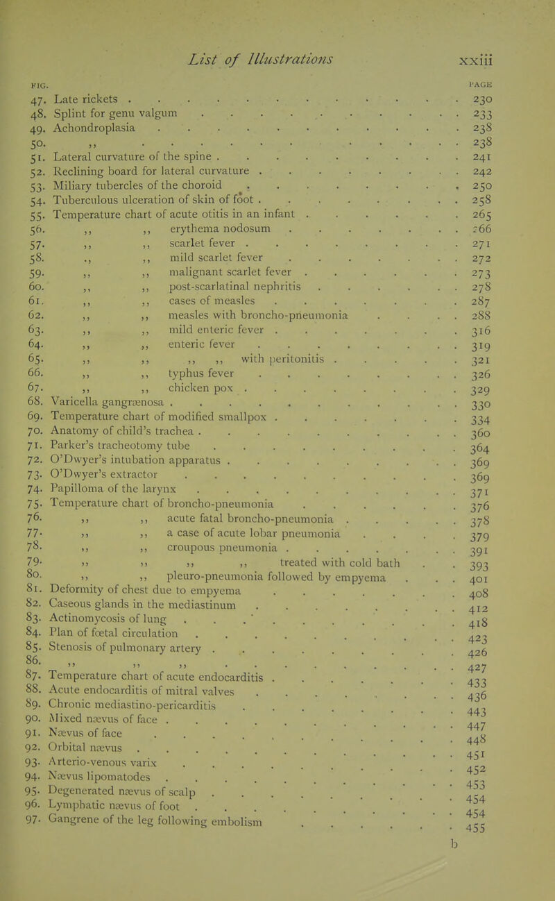 KIG. 47- 48. 49. 50. SI- 52. 53- 54- 55- 57- 58. 59- 60. 61. 62. 63- 64. 65. 66. 67. 68. 69. 70. 71- 72. 73- 74- 75- 76. 77. 78. 79- 80. 81. 82. 83- 84. 85. 86. 87. 88. 89. 90. 91. 92. 93- 94- 95- 96. 97- Late rickets Splint for genu valgum .... Achondroplasia . . ,, ...... Lateral curvature of the spine . RecHning board for lateral curvature . Miliary tubercles of the choroid Tuberculous ulceration of skin of foot . Temperature chart of acute otitis in an infant ,, ,, erythema nodosum ,, ,, scarlet fever . ., ,, mild scarlet fever ,, malignant scarlet fever ,, ,, post-scarlatinal nephritis ,, ,, cases of measles ,, ,, measles with broncho-pneumonia ,, mild enteric fever . ,, ,, enteric fever ,, ,, ,, with ])eritonilis . ,, ,, typhus fever ,, chicken pox .... Varicella gangrsenosa ...... Temperature chart of modified smallpox . Anatomy of child's trachea ..... Parker's tracheotomy tube ..... O'Dwyer's intubation apparatus .... O'Dwyer's extractor ...... Papilloma of the larynx ..... Temperature chart of broncho-pneumonia )) ,, acute fatal broncho-pneumonia >i 5, a case of acute lobar pneumonia ), ,, croupous pneumonia . >) )> ), ,, treated with cold bath >, ), pleuro-pneumonia followed by empyema Deformity of chest due to empyema Caseous glands in the mediastinum Actinomycosis of lung . . .  . Plan of foetal circulation Stenosis of pulmonary artery . Temperature chart of acute endocarditis Acute endocarditis of mitral valves Chronic mediastino-pericarditis Mixed nrevus of face .... Nsevus of face .... Orbital njevus ..... Arterio-venous varix Nsevus lipomatodes .... Degenerated njevus of scalp Lymphatic nsevus of foot Gangrene of the leg following embolism 230 233 238 238 241 242 250 258 265 266 271 272 273 278 287 288 316 319 321 326 329 330 334 360 364 369 369 371 376 378 379 391 393 401 408 412 418 423 426 427 433 436 443 447 448 451 452 453 454 454 455