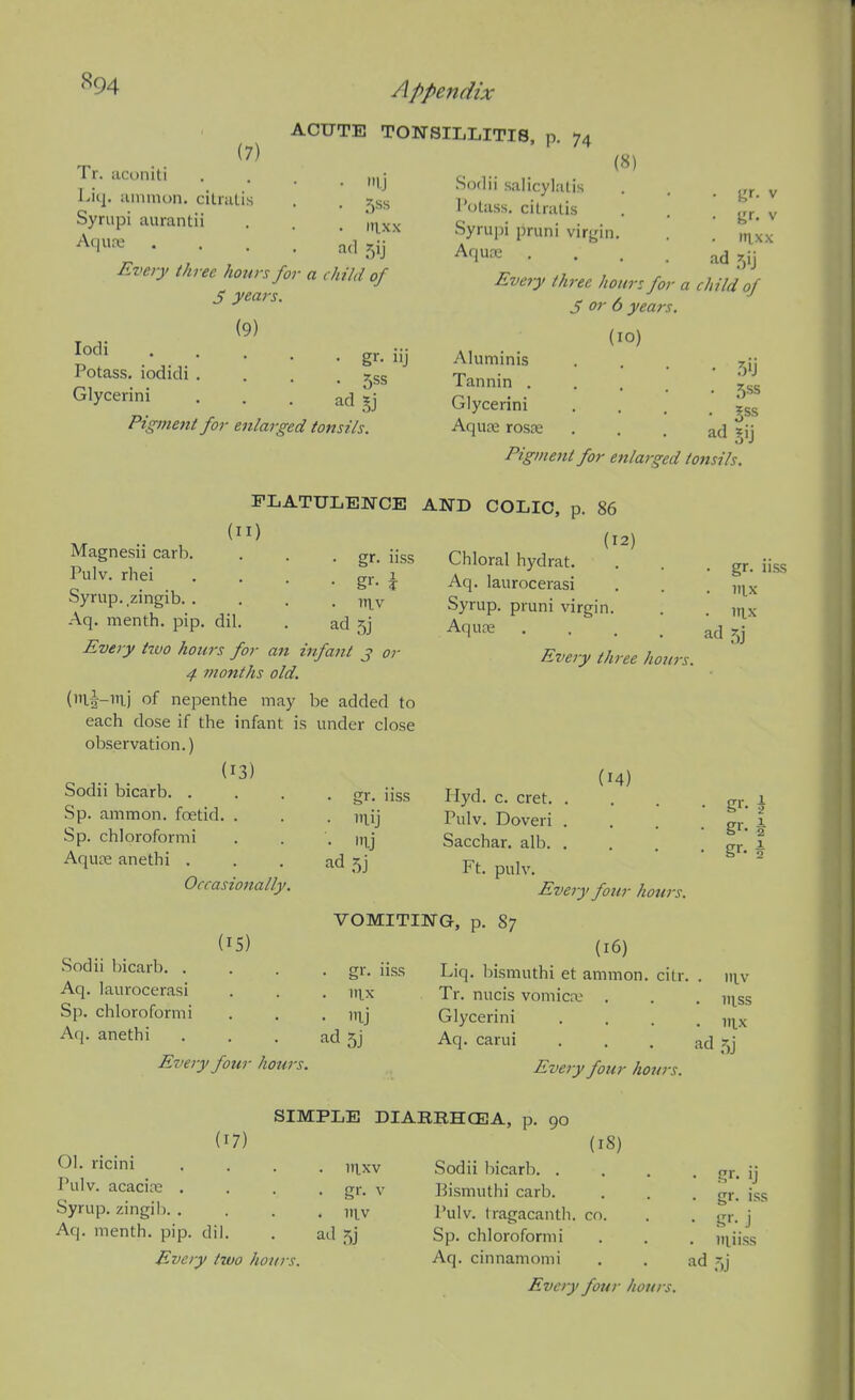 (7) ACUTE TONSILLITIS, p. 74 Tr. aconiti ... „,j Liq. iiininon. cilratis . . ^ss Syriipi luirantii . . . ,|^xx ^q-'^ • • . . ad 5ij Every three hours for a child of S years. (9) lodi Potass, iodidi . Glycerini Sodii salicylatis . . . gr. v Potass, citralis . , . gr. v Syrupi pruni virgin. . . nixx ^'i^^ • ... ad 5ij Every three hour: for a child of S or 6 years. (10) Pigment for enlarged tonsils. Aluminis Tannin . Glycerini Aquse ros£E • 5ij • Jss ad 5ij Pigment for enlarged tonsils. (II) Magnesii carb. Pulv. rhei Syrup, zingib. . Aq. menth. pip. dil. FLATULENCE AND COLIC, p. 86 gr. iiss ad 5j Every two hours for an infant j or 4 months old, (nii-ilj of nepenthe may be added to each dose if the infant is under close observation.) (13) Sodii bicarb. . . . .sr. iiss Sp. ammon. foetid. . Sp. chloroformi Aqute anethi . Occasionally (12) Chloral hydrat. Aq. laurocerasi Syrup, pruni virgin. Aqute .... Every three hoj(rs. ■ gr. iiss • iiix . irix ad 5j (14) ■. itlj ad 5j Sodii Ijicarb. . Aq. laurocerasi Sp. chloroformi Aq. anethi Every four hours. 5) Hyd. c. cret. Pulv. Doveri . Sacchar. alb. . Ft. pulv. Every four hours. VOMITING, p. 87 (16) Liq. bismuthi et ammon. citr. Tr. nucis vomica; . Glycerini Aq. carui Every four hours. gi- gr. gr. uss . nix . ij adSj . niv . mss . itix ad 5j ( 01. ricini Pulv. acacite . Syrup, zingib. . Aq. menth. pip. dil SIMPLE DIAKKHCEA, p. 90 7) (18) . ITI.XV Sodii ])icarb. . . gr. V Bismuthi carb. . I'lv Pulv. tragacanth. co. ad 5j Sp. chloroformi Every two hours. Aq. cinnamomi gr. ij gr. iss gr- j uiiiss ad 5j Eveiy four hours.