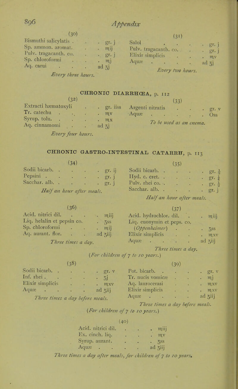 (30) Bismuthi salicylatis . Sp. iiminon. aromal. Pulv. tra^acanlh. co. Sp. chlorofoimi Aq. carui Every three hours. • mij • l^r. j ad 5j (3 0 Salol Pulv. Iragacanlh. co. Klixir simplicis Aqiux; Every tivo hours. • i^r- j ad 5j CHRONIC DIARRHCEA, p. 112 (32) (33) Extracti hseniatoxyli . . gr. iiss Argenti nitralis . . . gr. ^ Tr. catechu . . . , inv Aqux Oss Syrup, tolu vix i ^ Aq. cinnamomi . . ad 5j fo be used as an enema. Every four hours. CHRONIC GASTRO-INTESTINAL CATARRH, p. 113 (34) Sodii bicarb. Pepsini . Sacchar. alb. (35) gr- j gr- j Half an hour after meals. (36) Sodii bicarb. Ilyd. c. cret. Pulv. rhei co. Sacchar. alb. Half an hour after gr- \ sr. gr. I gr- j meals. Acid, nitrici dil. Liq. helalin et pepsin co. Sp. chloroformi Aq. aurant. flor. Three times a day (37) • laiij Acid, hydrochlor. dil. 5^^ Liq. euonymin et peps. co. itiij {Oppenheimer) ad 5iij Elixir simplicis Aquee . . . Three times a day. (For children of y to 10 years.) 1111ij . iiixv ad 5iij Sodii bicarb. . Inf. rhei .... Elixir simplicis Aqu£e .... Three times a day before meals. (38) (39) . gr. V Pot. bicarb. . . . . gr. v 5j Tr. nucis vomicre . . . nij irixv Aq. laurocerasi . . iiixv ad 5iij Elixir simplicis . . . luxv Aqu£e .... ad 5iij Three times a day before meals. {For children of y to 10 years.) (40) Acid, nitrici dil. . . . mjij Ex. cinch, liq. . . . in.v Syrup, auranl. . . . ^ss Aqute .... ad 5iij Three times a day after meals, for children of j to ro years.