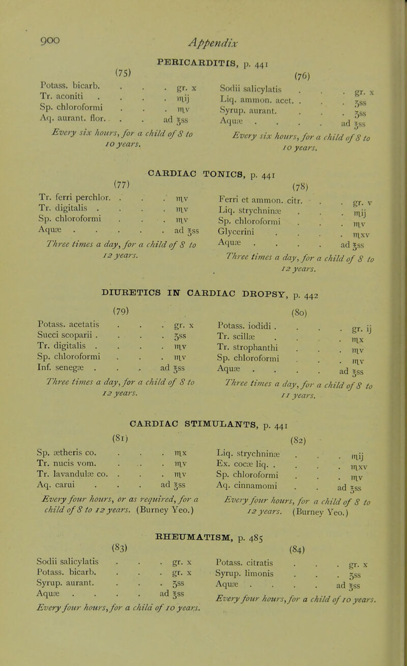 (75) PEBICABDITIS, p. 441 Potass, bicarb. Tr. aconiti Sp. chloroformi Aq. aurant. flor. Every six hours, for a child of S to 10 years. • I'lij . iriv ad i^ss (76) Sodii salicylatis Liq, ammon. acel. . Syrup, aurant. Aquiv.' .... Every six hours, for a child of 8 to 10 years. gr. X 5S.S 5SS ad 5SS (77) CARDIAC TONICS, p. 441 Tr. ferri perchlor. . . . in^v Tr. digitalis .... itiv Sp. chloroformi . . . n^^v AquDC ad gss Three times a day, for a child of 8 to 12 years. Ferri et ammon. citr. Liq, strychninai Sp. chloroformi Glycerini Aquae Three times a day, for a child of 8 to 12 years. ■ Rr. V • iTlij . niv ad ?.ss DIURETICS IN CARDIAC DROPSY, (79) Potass, acetatis Succi scoparii . Tr. digitalis . Sp. chloroformi Inf. senegss . • gr. X . ITlV ad gss Three times a day, for a child of 8 to 12 years. p. 442 (80) Potass, iodidi . Tr. scillK Tr. strophanthi Sp. chloroformi Aquae . in.x . ITlV . in.v ad §ss Three times a day, for a child of 8 to II years. CARDIAC STIMULANTS, p. 441 (81) Sp. tetheris co. Tr. nucis vom. Tr. lavandulas co. Aq. carui in.v ad gss Eveiy four hours, or as required, for a child of 8 to 12 years. (Burney Yeo.) (82) Liq. strychnince . . Ex. cocas liq. . . . ^ ,fj^xv Sp. chloroformi . . , „^v Aq. cinnamomi . . ad ^ss Every four hours, for a child of 8 to 12years. (Burney Yeo.) Sodii salicylatis Potass, bicarb. Syrup, aurant. Aquoe (83) RHEUMATISM, p. 485 • gr. X • gr. X . 5ss ad §ss Every four hours, for a child of 10 year.s. (84) Potass, citratis Syrup, limonis Aqure .... Every four hours, for a child of 10 years. ■ gr- X • 5SS ad Jss