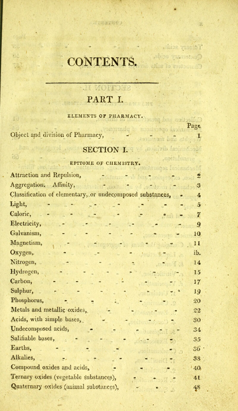 CONTENTS, PART 1. ELEMENTS OF PHARMACY. Page Object and division of Pharmacy, - « 1 SECTION 1. EPITOME OF CIIEMlSTPvY, Attraction and Repulsion, - - - - 2 Aggregation. Affinity, - • - - 3 Classification of elementary, or undecpmposed substances, • 4 Light, - - .- - - - - 5 Caloric, - - - - - - -7' Electricity, - - - .- - - 9 Galvanism, - - - - - --lO Magnetism, , - . - - - « 11 Oxygen, - .- « » ib. Nitrogen, - - , « 14 Hydrogen, - - - ^ „ =-15 Carbon, - - - - - - 17 Sulphur, - - - - - - * 19 Phosphorus, - ; - - 20 Metals and metallic oxides, - « - - 22 Acids, with simple bases, » - - - 30 Undecompnsed acids, - » - - 34 Salifiable bases, * - « . - . 35 Earths, - - « . 3^ • Alkalies, - - - • - 3S Compound oxides and acids, - - • 40 Ternary oxides (vegetable substances), r - - 41 Quaternary oxides (animal substances), - - ^8