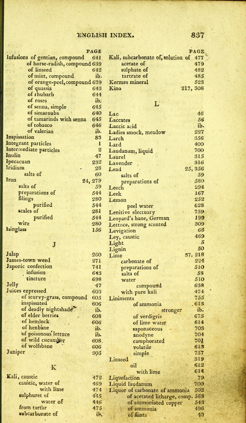 PAGE Infusions of gentian, compound 641 of horse-radish, compound 639 of linseed 642 of mint, compound ib. of orange-peel, compound 639 of quassia 643 of rhubarb 644 of roses ib; of senna, simple 645 of simarouba 640 of tamarinds with senna 645 of tobacco 646 of valerian ib. Inspissation 83 Integrant particles 1 Intermediate particles 2 Inulin 47 Ipecacuan 232 Iridium ~ 28 salts of 60 Iron , 24,279 salts of 59 preparations of 544 filings 280 purified 544 scales of 281 purified 544 wire 280 Uinglass 156 J Jalap 260 James-town weed 271 Japonic confection 741 infusion 643 tincture 698 Jelly 47 Juices expressed 603 , of scurvy-grass, compound 605 inspissated 606 of deadly nightshade'*' ib. of elder berries 608 of hemlock 606 of henbane jb. of poisonous' lettuce ib. of wild cucunijjfer 608. of wolfsbane ' 606 Juniper 3p5 K Kali, caustic 472 caustic, water of 469 with lime 474 sulphuret of 4*45 water of 446 from tartar 475 Sttbcarbonate of ib. PAGE. Kali, subcarbonate of, solution of 477 acetate of 479 sulphate of 482 tartrate of 485 Kermes mineral 523 Kino 217, 308 L Lac 46 Laccates 56 Laccic acid ib. Ladies smock, meadow 227 Larch 356 Lard 400 Laudanum, liquid 700 Laurel 315 Lavender 316 Lead 25,356 salts of 59 preparations of 580 Leech ^ 294 Leek Lemon 252 peel water 628 Lenitive electuary 739 Leopard's bane, German 199 Lettuce, strong scented 309 Levigation 68 Ley, caustic 469 Light 5 Lignin 50 Lime S7, 218 carbonate of 224- preparations of 510 salts of 5S water 510 compound 638 with pure kali 474 Liniments 755 of ammonia .613 stronger ib; of verdigris 673 oflimewatef 614 saponaceous 703 anodyne 704 camphorated 70J. volatile 613 simple 757 Linseed  319 oil 612 with linie 614 Liquefaction 79 Liquid laudanum 700 Liquor of carbonate of ammonia 502 of acetated litharge, comp. 583 of ammoniated copper 543 of ammonia 496 of flints