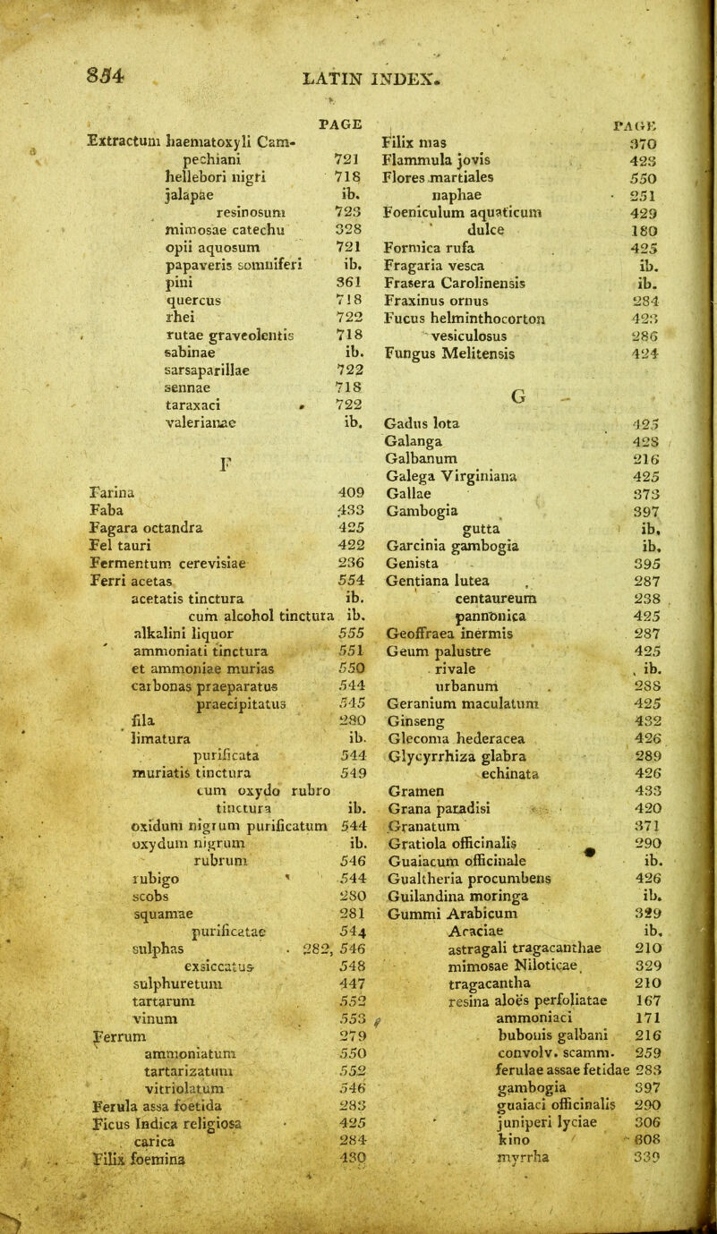 PAGE PAGE !Elttractuni Iiapmat-nwli Ppm» f lilJL llla9 pcchiani Flammula jovis 423 licllsbori iiigri '71 R Flores .martiales jalap^c lu« naphae 251 resin osum '700 Foeniculum aqu^ficuni 429 nixDoosae catechu 328 duke 180 <lyMll dlJuLfoUlli 721 Formica rufa ^ — 3 papaveris soiiiiiiferi Fragaria vesca •1 lb. pmi 361 Frasera Carolinensis ib. quercus 718 Fraxinus ornus 284 rhei 722 Fucus helminthocorton 423 yutae gravcoleiitis 71« i lo ~ vesiculosus 28G sabinae ib. sarsaparillae sennae 'Tl S / 1 o taraxaci » 722 G valeriai'jLao F ib. Gacius lota Galanga Galbanum 425 428 216 Farina Galega Virginiana 425 409 Galiae 373 Faba 433 Gambogis 397 Fagara octandra 425 gutta iU 1D« Fel tauri 422 Garcinia gambogia lb. Fermentum cerevisiae 236 Genista 395 Ferri acetas 554 Vrcllllalld lULCa , acetatis tinctura ib. centaureum 238 cum alcohol tinctura ib. pann'onica 425 alkalini liquor 555 VTcUllI aCci llICX 11119 287 amnioniati tinctura 551 Geum palustre 425 et ammoniae murias 550 rivals , ID. carbonas praeparatu« praecipltatua 544 urbanum 545 Geranium maculatum 425 . fiia 280 Ginseng 432 limatura ib. Glecoma hederacea 426 purificata 544 Glycyrrhiza glabra ^oy muriatis tinctura 549 echinata turn oxydo rubro Gramen tinctura ib. Grana patadisi < oxiduni nigrum purificatum 544 Granatum oxydum nigrum ib. Gratiola officinalis . ^ 290 rubrum 546 Guaiacum officinale ib ID. rubigo ^ -544 Gualtheria procumbens scobs 280 Guilandina moringa lU. squamae 281 Gummi Arabicum purificatae 544 Araciae lb. sulphas .282 546 astragali tragacanthae 2JO exsiccatus- 548 mimosae Niioticae, 329 sulphur e turn 447 tragacantha 210 tartarum 552 resina aloes perfoliatae 167 vinum 553 ^ ammoniaci 171 Ferrum 279 bubonis galbani 216 ammoniatum 550 convolv. scamm. 259 tartarlzatum 552 ferulae assae fetidae 283 vitriolatum 546 gambogia 397 Ferula assa foetida 283 guaiaci officinalis 290 Ficus Indica religiosa 425 juniperi lyciae 306 carica 284 kino 608 Filix foemina 430 myrrha 339