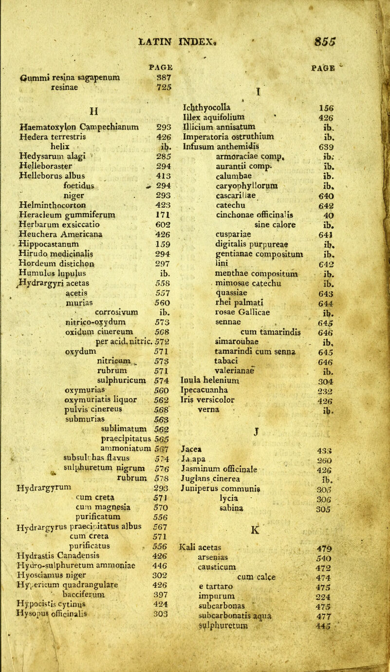 PAGE Crummi resina sagapenum 887 resinae 725 H Haematoxylon Campechxaniim 293 Hedera terrestris 426 helix ib. Hedysarum alagi - 285 Helleboraster 294 Helleborus albus 413 foetidus -» 294 niger . 293 Helminthocortan 423 Heradeum gummiferum 171 Her!)arum exslccatio 602 Heuchera Americana 426 Hippocastanum 159 Hirudo medicinalis 294 Hordeum distichon 297 Humulus lupulus ib. ^Hydrargyri acetas 558 acetis 557 murias 560 corroslvum ib. nitrico-oxydum 573 . , oxidum ciixereum 5C8 per acid, nitric. 572 oxydum 571 nitricum ^ 573 rubrum 571 sulphuricum 574 oxymurias 560 oxymuriatis liquor 562 pulvis cinereus 568' submurias 563 subiiniatimi 562 praecipitatus 565 ammoniatum 567 subsult has flaviis 574 sulphuretum nigrum 576 * rubrum 578 Hydrargyrum 293 cum creta 571 cum magnpsia 570 purificatum 556 Hydrargyrus praecinitatus albus 567 cum creta 571 purificatus - 556 Hydrastis Canadensis 426 Hydro-sulphuretum ammoniae 446 Hyosciamus niger 302 Hy^.ericum quadrangulare 426 bacciferum 397 Hypocistis cytlnus 424 Hysopus officinalis 303 PAGE I IcUthyocolIa 1S6 Illex aquifolium * 426 Illicium annisatum ib. Imperatoria ostruthium ib. Infusum anthemidis 639 armoraciae comp, ib; aurantii comp;. ib. calumbae ib. caryophyllorum ib» cascari'iae 640 catechu 642 cinchonae ofiicInaUs 40 sine calore ib. cuspariae 641 digitalis purpurea© ib, gentianae compositum ib. lini 642 menthae composltum ib. mimosae catechu ib. quassiae 643 rhei palmati 644 rosae Gallicae ib. sennae 645 cum tamarindis 646 simaroubae ib, tamarindi cum senna 645 tabaci ^ 646 Valerianae ib. Inula helenium 304 Ipecacuanha 232 Iris versicolor 426 verna ib. s Jacea 43;;; Ja.apa 260 Jasmin urn officinale ' 426 Juglans.cinerea ib. Juniperus communis 305 lycia 30Q sabina 305 K Kali acetas 479 arsenias 540 causticum 472 cum calce 474 e tartaro 475 impurum 224 subcarbonas ' 475 subcarbonatis aqua 477 siiilphurctum 445