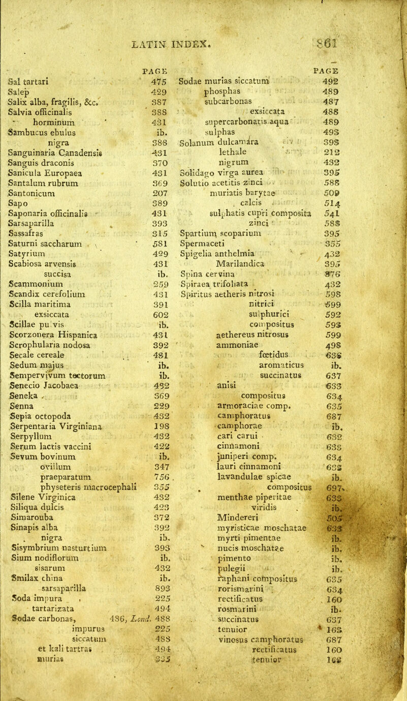 PA G I'j Sal tartan 475 oaiep 429 Saiix alba, fragills, &c» 887 Salvia officinalis 388 horminum 431 Sambucus ebulus lb. nigra 388 Sanguinaria C.anadensie 431 Sanguis draconis 370 Sanicula Europaea 431 Santalum rubrum 369 Santonicuni 207 bapo 389 Saponaria officinalis 431 SarsapariJla 393 Sassafras 315 Saturni saccharum \ 581 Satyrium 429 Scabiosa arvensis 431 succisa lb. Scanimoniuni 259 Scandix cerefolium 431 iJK^Ula Xllai iLlXlla oy i exsiccata 602 iScillae pu vis ib. Scorzonera Hispanica 431 Scrophularia nodosa 392 Scdum majus ID* Senipervivum tectorum ID. Senecio Jacobaea 4S2 Seneka . 369 Senna 229 Sepia octopoda Serpentaria Virginian! 198 Serpylliim 432 Serum lactis vaccini 422 Sevum bovinum lb. 0^ 1 praeparatum physeteris macrocephali 355 Silene Virginica 432 c■'^^' - J 1 • bliiqua dulcis 423 Simarouba 372 Sinapis alba 392 nigra ID. Sisymbrium nasturtium 393 Sium nodiflorum ib. sisarum 432 Smilax cbina ib. sarsaparilia 893 Soda impura 225 tartarizata 494 Sodae carbonas, 486, Lend. 488 impurus 225 siccatum 48S et Icall tartras . 49-t fiiurias PAGE Sodae murias siccatum 492 phosphas 489 subcarbonas 487 exsiccata 488 supercarbonatisaqua 489 sulphas 49S Solanum dulcamara - S9S lethale 212 nigrum 433 Solidago virga aurea 39B Solutio acetitis zinci 588 muriatis barytae 509 . calcis . 5I4 sulphatis cup'ri composita 54I zinci ■ 58S Spartium, scoparium 395 Spermaceti ■ 355 Spigelia anthelmia ' 432 Marilandica 395 Spina cervina 97S Spiraea trlfoliata 432 Spiritus aetheris nitrosi 598 nitrici 699 su'iphurici 592 conipositus 593 aethereus nitrosus 599 ammoniac 498 foetidus 63S arom-iticus ib. succinatus 637 am si 633 compositus 634 armoraciae comp. 635 camphoratus 687 camphorae ib, cari carui 632 cinnamoni 633 juniperi comp. 634 lauri cinnamoni 633 lavandulae spicae ib. compositus 697v menthae piperitae 633 viridis . ib. Mlndereri 505 myristicae moschatae 633 myrti pimentae ib. nucis moschat.ee ib. pimento lb. pulegii^ ib, i^phani compositus 035 rorismarini 634 rectificatus .160 rosmarini ib. succinatus 637 tenuior 16%. vinosus camphoratus 687 rectilicatus 160 tenuior IQ^