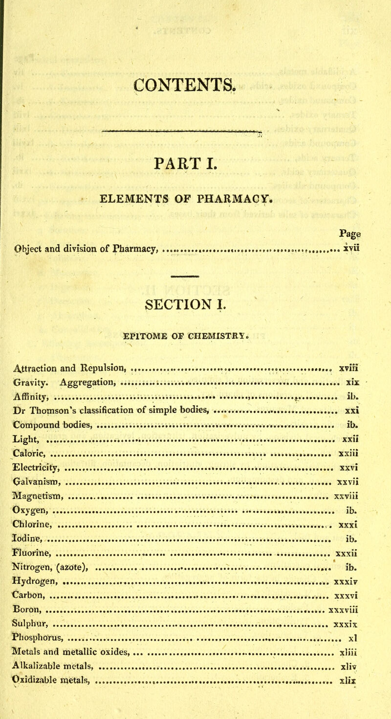 CONTENTS. PART I. ELEMENTS OF PHARMACY. Page Object and division of Pharmacy, ..... ivii SECTION I. EPITOME OF CHEMISTRY. Attraction and Repulsion, xviri Gravity. Aggregation xix Affinity, , g. ib. Dr Thomson's classification of simple bodies, xxi Compound bodies, ib. Light, xxii Caloric, xxiii Electricity, xxvi Galvanism, xxvii Magnetism, xxviii Oxygen, ib. Chlorine, , xxxi Iodine, ib. Fluorine, » xxxii Nitrogen, (azote), ib. Hydrogen, xxxiv Carbon, xxxvi Boron xxxviii Sulphur, xxxix Phosphorus, „. xl Metals and metallic oxides, xliii Alkalizable metals, xliv Oxidizable metals, xlix