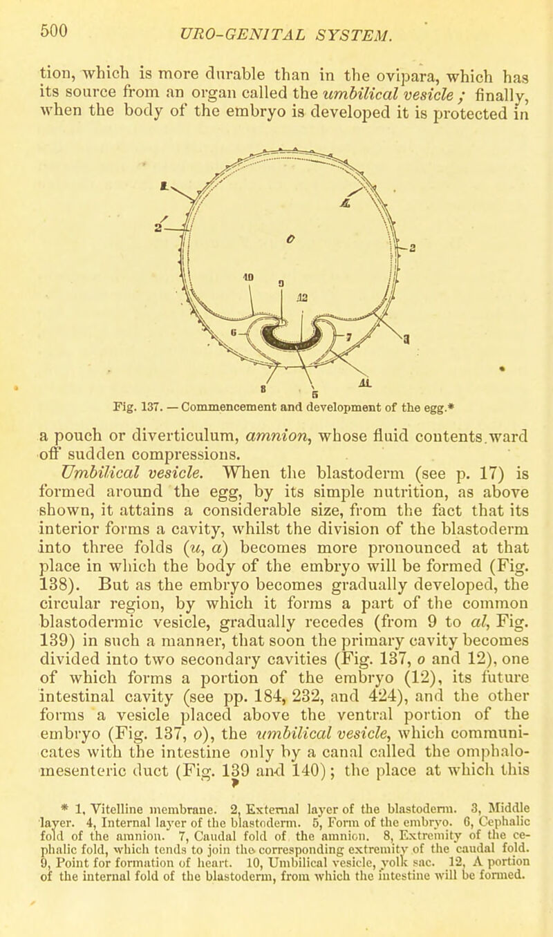 tion, which is more durable than in the ovipara, which has its source from an organ called the umbilical vesicle ; finally, when the body of the embryo is developed it is protected in Fig. 137. — Commencement and development of the egg.* a pouch or diverticulum, amnion, whose fluid contents.ward off sudden compressions. Umbilical vesicle. When the blastoderm (see p. 17) is formed around the egg, by its simple nutrition, as above shown, it attains a considerable size, from the fact that its interior forms a cavity, whilst the division of the blastoderm into three folds (u, a) becomes more pronounced at that place in which the body of the embryo will be formed (Fig. 138) . But as the embryo becomes gradually developed, the circular region, by which it forms a part of the common blastodermic vesicle, gradually recedes (from 9 to al, Fig. 139) in such a manner, that soon the primary cavity becomes divided into two secondary cavities (Fig. 137, o and 12), one of which forms a portion of the embryo (12), its future intestinal cavity (see pp. 184, 232, and 424), and the other forms a vesicle placed above the ventral portion of the embryo (Fig. 137, o), the umbilical vesicle, which communi- cates with the intestine only by a canal called the omphalo- mesenteric duct (Fig. 139 and 140); the place at which this * 1. Vitelline membrane. 2, External layer of the blastoderm. 3, Middle layer. 4, Internal layer of the blastoderm. 5, Form of the embryo. 6, Cephalic fold of the amnion. 7, Caudal fold of the amnion. 8, Extremity of the ce- phalic fold, -which tends to join the. corresponding extremity of the caudal fold. 9, Point for formation of heart. 10, Umbilical vesicle, yolk sac. 12, A portion of the internal fold of the blastoderm, from which the intestine will be formed.