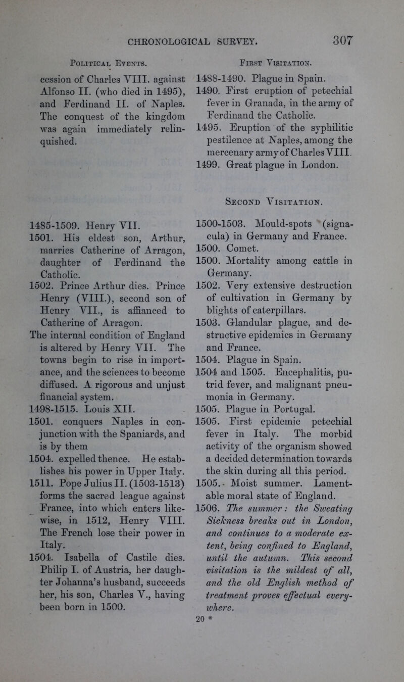 Political Events. First Visitation. cession of Charles VIII. against 1488-1490. Plague in Spain. Alfonso II. (who died in 1495), 1490. Pirst eruption of petechial and Ferdinand II. of Naples. fever in Granada, in the army of The conquest of the kingdom Ferdinand the Catholic, was again immediately relin- 1495. Eruption of the syphilitic quished. pestilence at Naples, among the mercenary army of Charles VIII. 1499. Great plague in London. 1485-1509. Henry VII. 1501. His eldest son, Arthur, marries Catherine of Arragon, daughter of Ferdinand the Catholic. 1502. Prince Arthur dies. Prince Henry (VIII.), second son of Henry VII., is affianced to Catherine of Arragon. The internal condition of England is altered by Henry VII. The towns begin to rise in import- ance, and the sciences to become diffused. A rigorous and unjust financial system. 1498-1515. Louis XII. 1501. conquers Naples in con- junction with the Spaniards, and is by them 1504. expelled thence. He estab- lishes his power in Upper Italy. 1511. Pope Julius II. (1503-1513) forms the sacred league against France, into which enters like- wise, in 1512, Henry VIII. The French lose their power in Italy. 1504. Isabella of Castile dies. Philip I. of Austria, her daugh- ter Johanna’s husband, succeeds her, his son, Charles V., having been born in 1500. Second Visitation. 1500-1503. Mould-spots (signa- cula) in Germany and France. 1500. Comet. 1500. Mortality among cattle in Germany. 1502. Very extensive destruction of cultivation in Germany by blights of caterpillars. 1503. Glandular plague, and de- structive epidemics in Germany and France. 1504. Plague in Spain. 1504 and 1505. Encephalitis, pu- trid fever, and malignant pneu- monia in Germany. 1505. Plague in Portugal. 1505. First epidemic petechial fever in Italy. The morbid activity of the organism showed a decided determination towards the skin during all this period. 1505. - Moist summer. Lament- able moral state of England. 1506. The summer: the Sweating Sickness breaks out in London, and continues to a moderate ex- tent, being confined to England, until the autumn. This second visitation is the mildest of all, and the old English method of treatment proves effectual every- where. 20 *