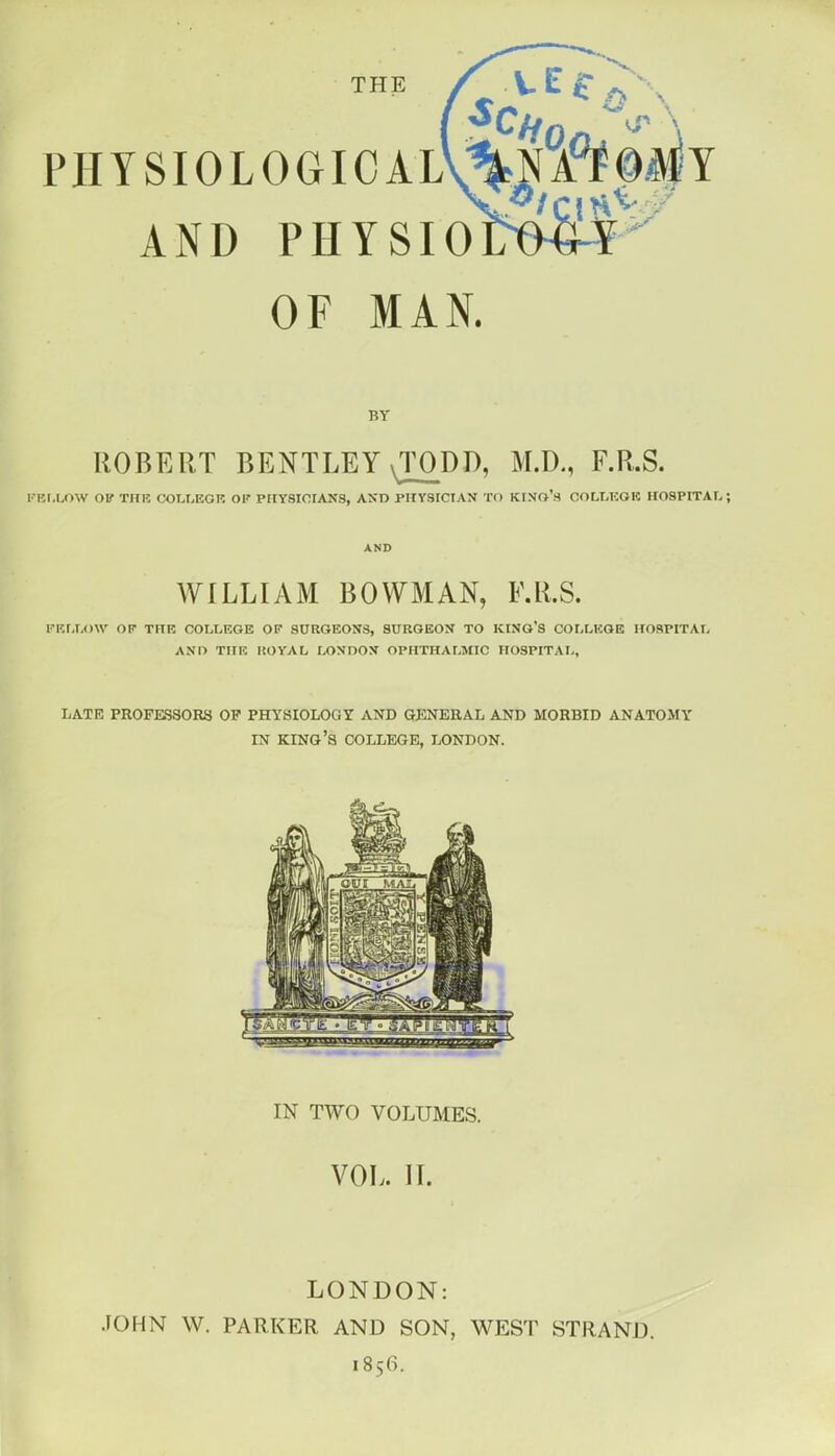 THE physiological\^|a^©.^t AND PHY SI o^'^ OF MAN. BY ROBERT BENTLEYyTODD, M.D., F.R.S. I K,r,l,<)W Oir TUB COLLEGI? 0|f PHYSIOrANS, AND PHYSICIAN TO KINO's COLLKOK HOSPITAL WILLIAM BOWMAN, F.R.S. li-KI.LOW OF THE COLLEGE OF SURGEONS, SURGEON TO KINO'S COLLEGE HOSPITAL ANIl THE ROYAL LONDON OPHTHALMIC HOSPITAL, LATE PROFESSORS OP PHYSIOLOGY AND GKNERAL AND MORBID ANATOMY IN king's COLLEGE, LONDON. IN TWO VOLUMES. VOL. II. LONDON: .I0[4N W. PARKER AND SON, WEST STRAND. 1856.