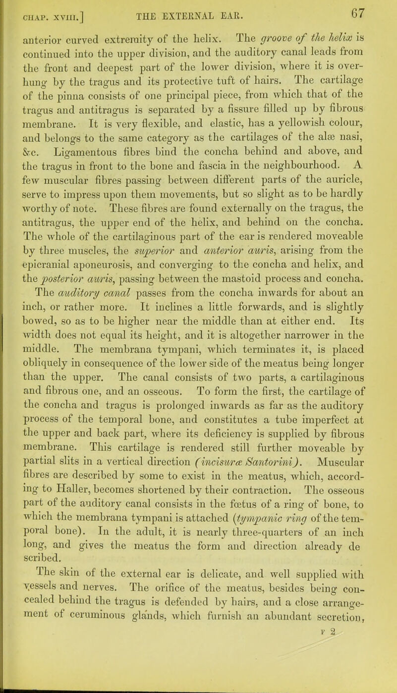 anterior curved extreraity of the helix. The groove of the helix is continued into the upper division, and the auditory canal leads from the front and deepest part of the lower division, where it is over- hung- hy the tragus and its protective tuft of hairs. The cartilage of the pinna consists of one principal piece, from which that of the tragus and antitragus is separated by a fissure filled up by fibrous membrane. It is very flexible, and elastic, has a yellowish colour, and belongs to the same category as the cartilages of the ala3 nasi, &c. Ligamentous fibres bind the concha behind and above, and the tragus in front to the bone and fascia in the neighbourhood. A few muscular fibres passing between different parts of the auricle, serve to impress upon them movements, but so slight as to be hardly worthy of note. These fibres are found externally on the tragus, the antitragus, the upper end of the helix, and behind on the concha. The whole of the cartilaginous part of the ear is rendered moveable by three muscles, the superior and anterior auris, arising from the epicranial aponeurosis, and converging to the concha and helix, and the posterior auris, passing between the mastoid process and concha. The auditory canal passes from the concha inwards for about an inch, or rather more. It inclines a little forwards, and is slightly bowed, so as to be higher near the middle than at either end. Its width does not equal its height, and it is altogether narrower in the middle. The membrana tympani, which terminates it, is placed obliquely in consequence of the lower side of the meatus being longer than the upper. The canal consists of two parts, a cartilaginous and fibrous one, and an osseous. To form the first, the cartilage of the concha and tragus is prolonged inwards as far as the auditory process of the temporal bone, and constitutes a tube imperfect at the upper and back part, where its deficiency is supplied by fibrous membrane. This cartilage is rendered still further moveable by partial slits in a vertical direction (incisurce Santorini). Muscular fibres are described by some to exist in the meatus, which, accord- ing to Haller, becomes shortened by their contraction. The osseous part of the auditory canal consists in the foetus of a ring of bone, to which the membrana tympani is attached {tympanic ring of the tem- poral bone). In the adult, it is nearly three-quarters of an inch long, and gives the meatus the form and direction already de scribed. The skin of the external ear is delicate, and well supplied with yessels and nerves. The orifice of the meatus, besides being con- cealed behind the tragus is defended by hairs, and a close arrange- ment of ceruminous glands, which furnish an abundant secretion, F 2
