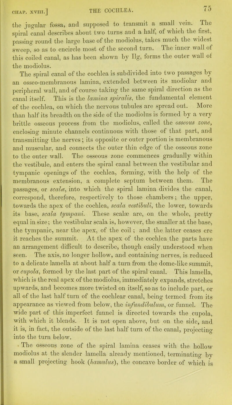 CHAP, xviii.] THE COCULEA. the jugular fossa, and supposed to transmit a small vein. The spiral canal describes about two turns and a half, of which the first, passing round the large base of the modiolus, takes much the widest sweep, so as to encircle most of the second turn. The inner wall of this coiled canal, as has been shown by Ilg, forms the outer wall of the modiolus. The spir al canal of the cochlea is subdivided into two passages by an osseo-membranous lamina, extended between its modiolar and peripheral wall, and of course taking the same spiral direction as the canal itself. This is the lamina spiralis, the fundamental element of the cochlea, on which the nervous tubules are spread out. More than half its breadth on the side of the modiolus is formed by a very brittle osseous process from the modiolus, called the osseous zone, enclosing minute channels continuous with those of that part, and transmitting the nerves; its opposite or outer portion is membranous and muscular, and connects the outer thin edge of the osseous zone to the outer wall. The osseous zone commences gradually within the vestibule, and enters the spiral canal between the vestibular and tympanic openings of the cochlea, forming, with the help of the membranous extension, a complete septum between them. The passages, or scalce, into which the spiral lamina divides the canal, correspond, therefore, respectively to those chambers; the upper, towards the apex of the cochlea, scaloj vestibuli, the lower, towards its base, scala ti/mjmni. These scalae are, on the whole, jjretty equal in size; the vestibular scala is, however, the smaller at the base, the tympanic, near the apex, of the coil; and the latter ceases ere it reaches the summit. At the apex of the cochlea the parts have an arrangement difficult to describe, though easily understood when seen. The axis, no longer hollow, and containing nerves, is reduced to a delicate lamella at about half a turn from the dome-like summit, or cupola, formed by the last part of the spiral canal. This lamella, which is the real apex of the modiolus, immediately expands, stretches upwards, and becomes more twisted on itself, so as to include part, or all of the last half turn of the cochlear canal, being termed from its appearance as viewed from below, the in/undihulum, or funnel. The wide part of this imperfect funnel is directed towards the cupola, with which it blends. It is not open above, but on the side, and it is, in fact, the outside of the last half turn of the canal, projecting into the turn below. • The osseous zone of the spiral lamina ceases with the hollow modiolus at the slender lamella already mentioned, terminating by a small projecting hook (hamulus), the concave border of which is