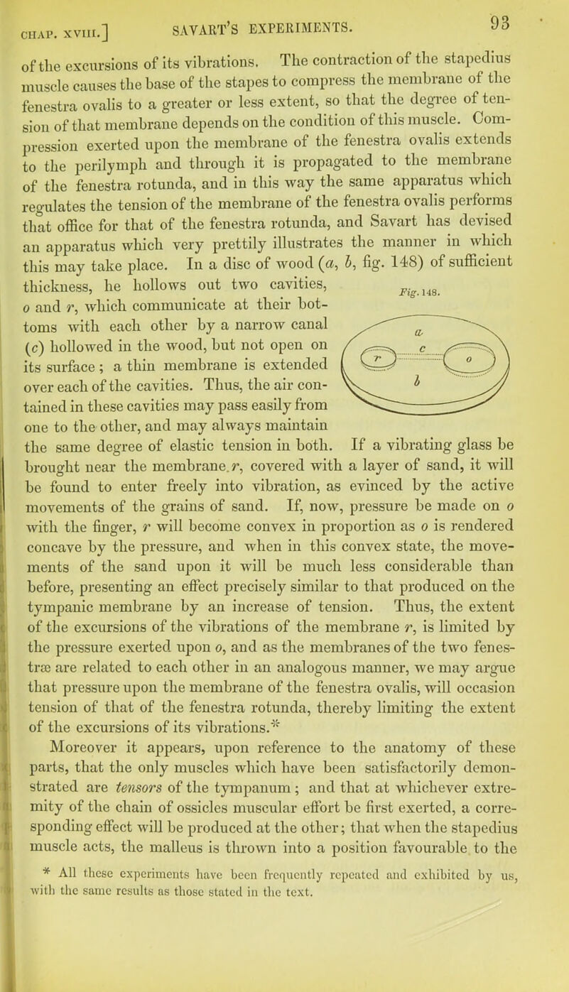 r of the excursions of its vibrations. The contraction of the stapedius muscle causes the base of the stapes to compress the membrane of the fenestra ovaHs to a greater or less extent, so that the degree of ten- sion of that membrane depends on the condition of this muscle. Com- pression exerted upon the membrane of the fenestra ovalis extends to the perilymph and through it is propagated to the membrane of the fenestra rotunda, and in this way the same apparatus which _egulates the tension of the membrane of the fenestra ovalis performs that office for that of the fenestra rotunda, and Savart has devised an apparatus which very prettily illustrates the manner in which this may take place. In a disc of wood (a, J, fig. 148) of sufficient thickness, he hollows out two cavities, Fig.ua. 0 and r, which communicate at their bot- toms with each other by a narrow canal ^^^^ (c) hollowed in the wood, but not open on c its surface ; a thin membrane is extended ( '  over each of the cavities. Thus, the air con- ^ tained in these cavities may pass easily from ^^^^^IIIIIZI one to the other, and may always maintain the same degree of elastic tension in both. If a vibrating glass be brought near the membrane, r, covered with a layer of sand, it will be found to enter freely into vibration, as evinced by the active movements of the grains of sand. If, now, pressure be made on o with the finger, r will become convex in proportion as o is rendered concave by the pressure, and Avhen in this convex state, the move- ments of the sand upon it will be much less considerable than before, presenting an effect precisely similar to that produced on the tympanic membrane by an increase of tension. Thus, the extent of the excursions of the vibrations of the membrane r, is limited by the pressure exerted upon o, and as the membranes of the two fenes- tra) are related to each other in an analogous manner, we may argue that pressure upon the membrane of the fenestra ovalis, will occasion tension of that of the fenestra rotunda, thereby limiting the extent of the excursions of its vibrations.^^^ Moreover it appears, upon reference to the anatomy of these parts, that the only muscles which have been satisfactorily demon- strated are tensors of the tympanum ; and that at whichever extre- mity of the chain of ossicles muscular effort be first exerted, a corre- sponding effect Avill be produced at the other; that when the stapedius muscle acts, the malleus is thrown into a position favourable to the * All these experiments have been frequently repeated and exhibited by us, with the same results as those stated in the text.