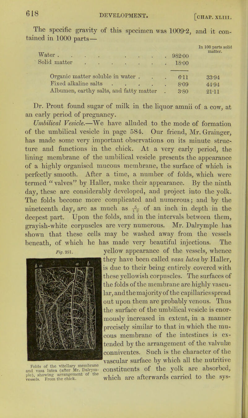 The specific gravity of this specimen was 1009-2, and it con- tained in 1000 parts— Water . Solid matter Organic matter soluble in water . Fixed alkaline salts .... Albumen, earthy salts, and fatty matter 982-00 18-00 6-11 8-09 3-80 In 100 parts solid matter. 33-94 44-94 21-11 Dr. Prout found sugar of milk in the liquor amnii of a cow, at an early period of pregnancy. Umbilical Vesicle.—We have alluded to the mode of formation of the umbilical vesicle in page 584. Our friend, Mr. Grainger, has made some very important observations on its minute struc- ture and fanctions in the chick. At a very early period, the lining membrane of the umbilical vesicle presents the appearance of a highly organised mucous membrane, the surface of which is perfectly smooth. After a time, a number of folds, which were termed  valves by Haller, make their appearance. By the ninth day, these are considerably developed, and project into the yolk. The folds become more complicated and numerous; and by the nineteenth day, arc as much as of an inch in depth in the deepest part. Upon the folds, and in the intervals between them, grayish-white corpuscles are very numerous. Mr. Dalrymple lias shown that these cells may be washed away from the vessels beneath, of which he has made very beautiful injections. The yellow appearance of the vessels, whence they have been called vasa lutea by Haller, is due to their being entirely covered with these yellowish corpuscles. The surfaces of the folds of the membrane are highly vascu- lar, and the majority of the capillaries spread out upon them are probably venous. Thus the surface of the umbilical vesicle is enor- mously increased in extent, in a manner precisely similar to that in which the mu- cous membrane of the intestines is ex- tended by the arrangement of the valvulae connivcntes. Such is the character of the vascular surface by which all the nutritive anavLm'teaX% constitucuts of the yolk are absorbed, ttk.:!Frof«ti™r*which are afterwards carried to the sys-