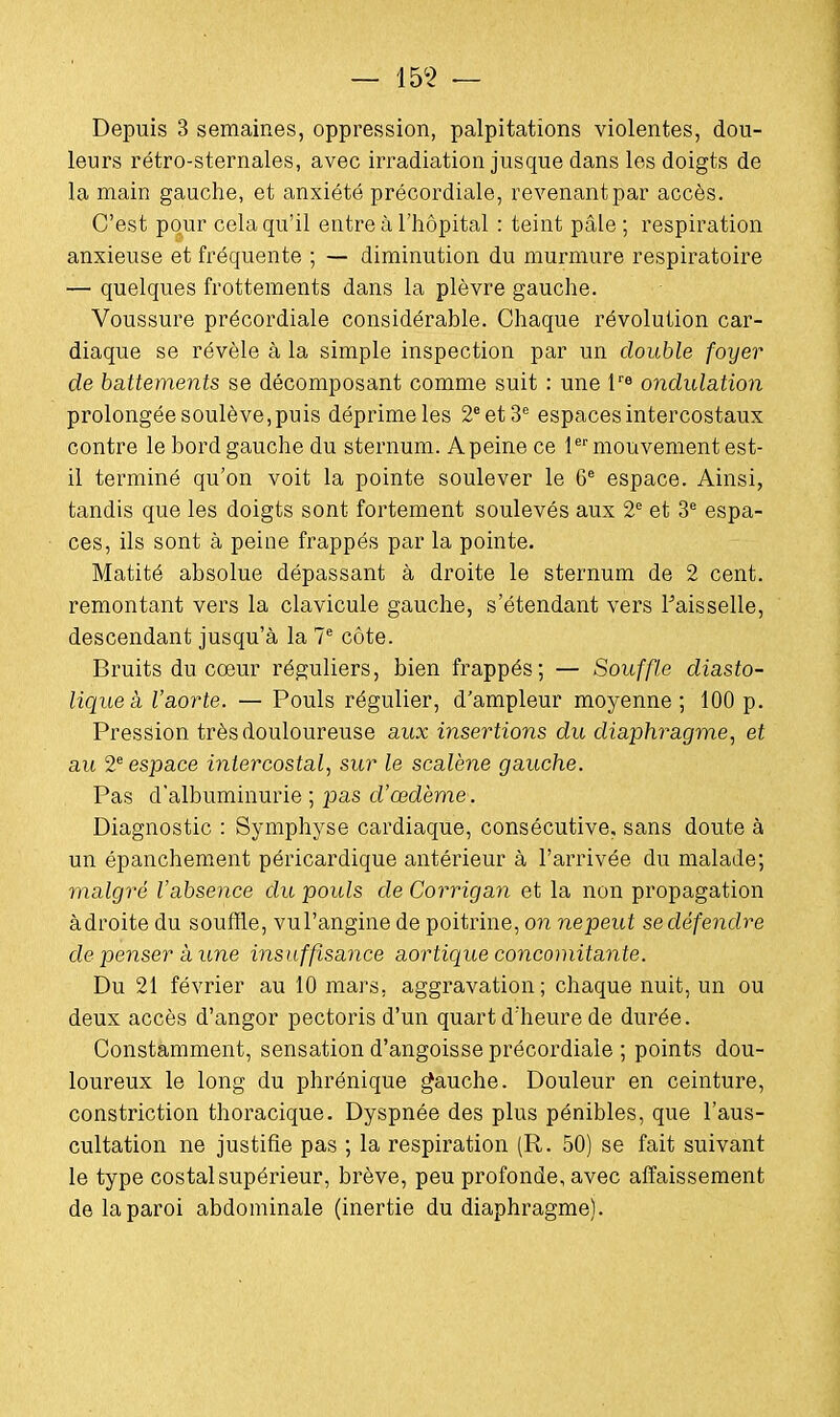 Depuis 3 semaines, oppression, palpitations violentes, dou- leurs rétro-sternales, avec irradiation jusque dans les doigts de la main gauche, et anxiété précordiale, revenant par accès. C'est pour cela qu'il entre à l'hôpital : teint pâle ; respiration anxieuse et fréquente ; — diminution du murmure respiratoire — quelques frottements dans la plèvre gauche. Voussure précordiale considérable. Chaque révolution car- diaque se révèle à la simple inspection par un double foyer de battements se décomposant comme suit : une lre ondulation prolongée soulève,puis déprimeles 2eet3e espaces intercostaux contre le bord gauche du sternum. A peine ce 1er mouvement est- il terminé qu'on voit la pointe soulever le 6e espace. Ainsi, tandis que les doigts sont fortement soulevés aux 2e et 3e espa- ces, ils sont à peine frappés par la pointe. Matité absolue dépassant à droite le sternum de 2 cent, remontant vers la clavicule gauche, s'étendant vers Faisselle, descendant jusqu'à la 7e côte. Bruits du cœur réguliers, bien frappés; — Souffle diasto- liqueà l'aorte. — Pouls régulier, d'ampleur moyenne; 100 p. Pression très douloureuse aux insertions du diaphragme, et au 2e espace intercostal, sur le scalène gauche. Pas d'albuminurie ; pas d'œdème. Diagnostic : Symphyse cardiaque, consécutive, sans doute à un épanchement péricardique antérieur à l'arrivée du malade; malgré l'absence du pouls de Corrigan et la non propagation adroite du souffle, vul'angine de poitrine, on nepeut sedéfendre de penser à une insuffisance aortique concomitante. Du 21 février au 10 mars, aggravation; chaque nuit, un ou deux accès d'angor pectoris d'un quart d'heure de durée. Constamment, sensation d'angoisse précordiale ; points dou- loureux le long du phrénique gauche. Douleur en ceinture, constriction thoracique. Dyspnée des plus pénibles, que l'aus- cultation ne justifie pas ; la respiration (R. 50) se fait suivant le type costal supérieur, brève, peu profonde, avec affaissement de la paroi abdominale (inertie du diaphragme).