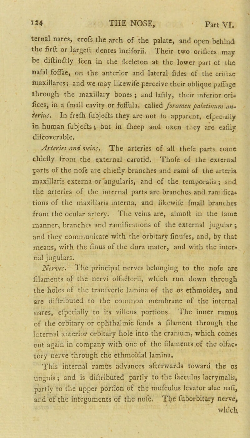 ternal narcs, crofs the arch of the palate, and open behind the firft or largett dentes inciforii. Their two orifices may be diftinftly feen in the lkeleton at the lower part ot the nafal foflae, on the anterior and lateral fnles of the criitae maxillares; and we may likewife perceive their oblique pafTage through the maxillary bones; and laftly, their inferior ori- fices, in a fmall cavity or foflula, calied foramen palatinum an- ierius. In frefh fubjetts they are not to apparent, efpec aily in human fubjects; but in fheep and oxen ti.ey are eafily difcoverable. Arteries and veins. The arteries of all thefe parts come chiefly from the external carotid. Thofe of the external parts of the nofe are chiefly branches and rami of the arteria maxillaris externa or angularis, and of the temporalis; and the arteries of the tnicrnal parts are branches and ramifica- tions of the maxillaris interna, and likewife fmall branches from the ocular artery. The veins are, almoft in the lame manner, branches and ramifications of the external jugular; and they communicate with the orb'tary finufes, and, by that means, with the finus of the dura mater, and with the inter- nal jugulars. Nerves. 1 he principal nerves belonging to the nofe are filaments of the nervi olfa&orii, which run down through the holes of the traniverfe lamina of the os ethmoides, and are aiftributed to the common membrane of the internal nares, efpecially to its villous portions The inner ramus of the orbitary or ophthalmic fends a filament through the internal anterior orbitary hole into the cranium, which comes out again in company with one of the filaments of the olfac- tory nerve through the ethmoidal lamina. This internal ramus advances afterwards toward the os unguis; and is diftributed partly to the facculus lacrymalis, partly to the upper portion of the mufculus levator alae nafi, and cf the integuments of the nofe. The fuborbitary nerve, which