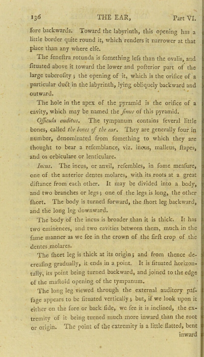 fore backwards. Toward the labyrinth, this opening has a little border quite round it, which renders it narrower at that place than any where elfe. The feneftra rotunda is fomething lefs than the ovalis, and fituated above it toward the lower and pofterior part of the large tuberofity ; the opening of it, which is the orifice of a particular duel in the labyrinth, lying obliquely backward and outward. The hole in the apex of the pyramid is the orifice of a cavity, which may be named the ftnus of this pyramid. OJJicula auditus. The tympanum contains feveral little bones, called the bones cf the ear. They are generally four in number, denominated from fomething to which they are thought to bear a refemblance, viz. incus, malleus, flapes, and os orbiculare or lenticulare. Incus. The incus, or anvil, refembles, in fome meafure, one of the anterior dentes molares, with its roots at a great diftance from each other. It may be divided into a body, and two branches or legs; one of the legs is long, the other fliort. The body is turned forward, the fliort leg backward, and the long leg downward. The body of the incus is broader than it is thick. It has two eminences, and two cavities between them, much in the fame manner as we fee in the crown of the firft crop of the dentes .molares. The fliort leg is thick at its origin; and from thence de- a creafing gradually, it ends in a point. It is fituated horizon- i tally, its point being turned backward, and joined to the edge j of the mafioid opening of the tympanum. The long leg viewed through the external auditory paf- I fage appears to be fituated vertically; but, if we look upon it either on the fore or back fide, we fee it is inclined, the ex- I tremitv of it being turned much more inward than the root or origin. The point of the extremity is a little flatted, bent inward