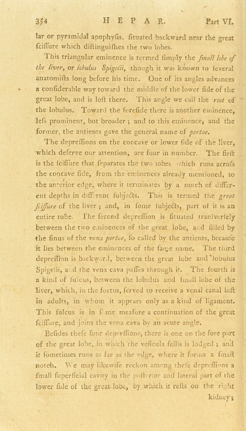 lar or pyramidal apophyfis, fituated backward near the great fciffure which diftinguifhes the two lobes. This triangular eminence is termed (imply the fmall lobe of the liver, or lobulus Spigelii, though it was known to (everal anatomifts long before his time. One of its angles advances a confiderable way toward the middle of the lower fide of the great lobe, and is loft there. This angle we cal! the root of the lobulus. Toward the forefide there is another eminence, lefs prominent, but broader •, and to this eminence, and the former, the antients gave the general name of portae. The depreflions on the concave or lower iide of the liver, which deferve our attention, are four in number. The firft is the (ciflure that feparates the two lobes which runs acrofs the concave fide, from the eminences already mentioned, to the anterior edge, where it terminates by a notch of differ- ent depths in diff rent lubjetfts. This is termed the great fciffure of the liver ; and, in fome lubjects, part ot it is an entire tube. The feccnd depreffion is fituated tranlverlely between the two eminences of the great lobe, a:.d filled by the finus of the vena portae, fo called by the antients, becaufe it lies between the eminences of the fan;e name. The third depreffion is backward, between the great lobe and'lobulus Spigelii, a d the vena cava paffes through it. The fourth is a kind of (ulcus, between the lobulus and (mall lobe of the liver, which, in the foetus, fcrved to receive a venal canal loft in adults, in whom it appears only as a kind of ligament. This fnlcus is in f me meafure a continuation of the great fciffure, and joins the vena cava by an acute angle. Befides thefe four depreffion?, there is one on the fore part of the great lobe, in which the veficula fellis is lodged ; an!i it fometimes runs as far as the edge, where it forms a fmall notch. We may likewife reckon among thefe depreffions a fmall fuperficial cavity in the poftt nor and lateral part of the lower fide of the great-lobe, by which it refts on the right kidneyj